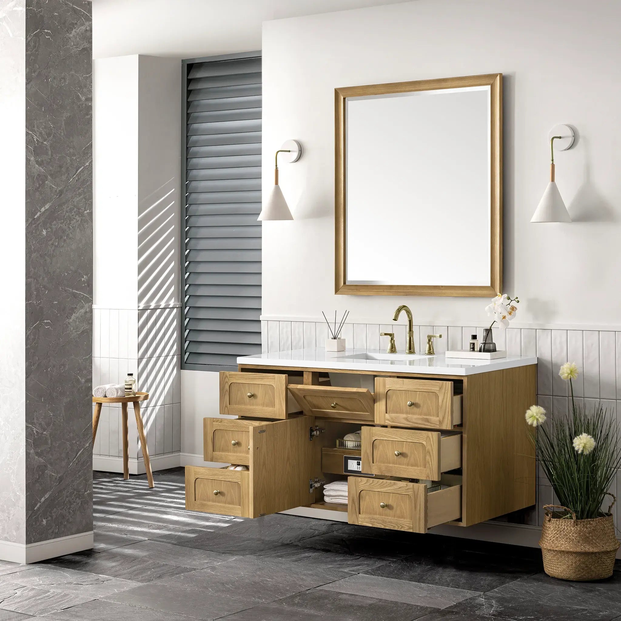 48" Laurent Single Vanity in Light Natural Oak-White Zeus Silestone-8" Widespread image 8