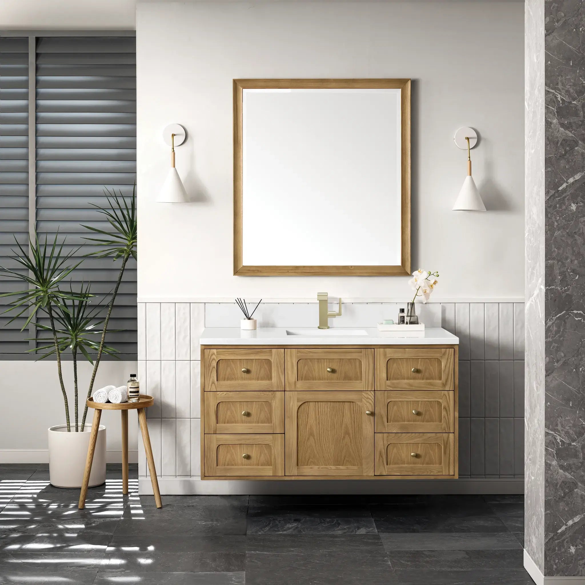 48" Laurent Single Vanity in Light Natural Oak-White Zeus Silestone & Backsplash-Single Hole image 2