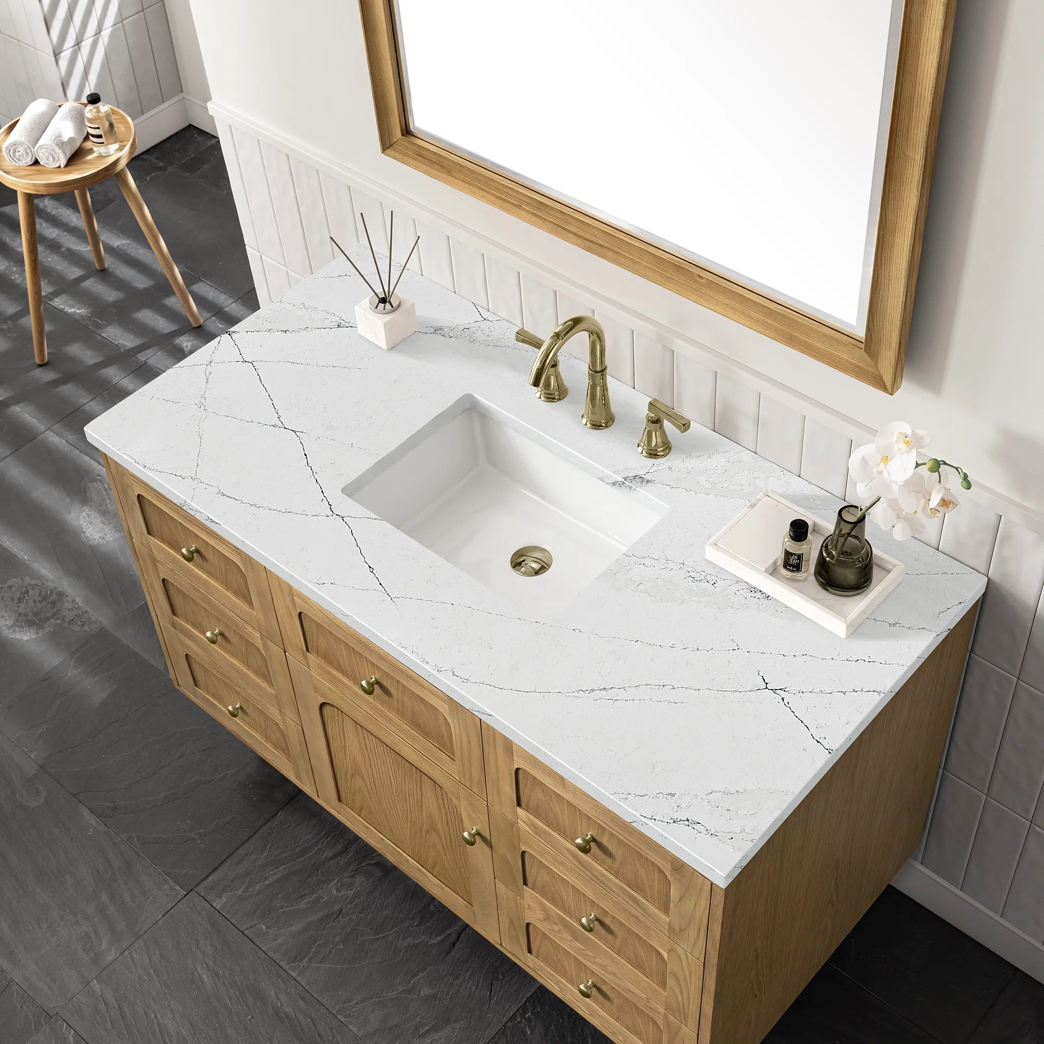 48" Laurent Single Vanity in Light Natural Oak Wireless Charger-Ethereal Noctis Silestone-8" Widespread image 13