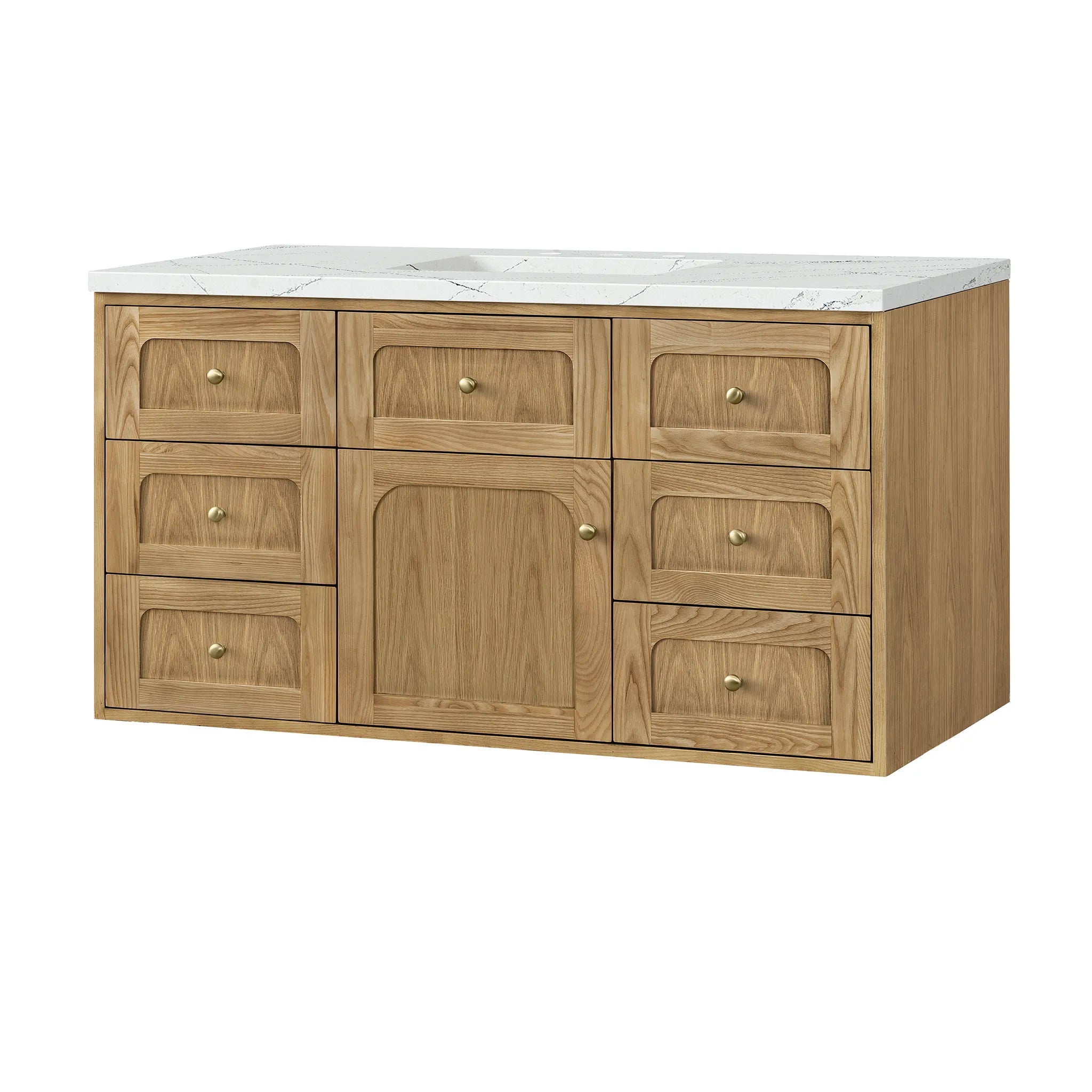 48" Laurent Single Vanity in Light Natural Oak Wireless Charger-Ethereal Noctis Silestone-8" Widespread image 15