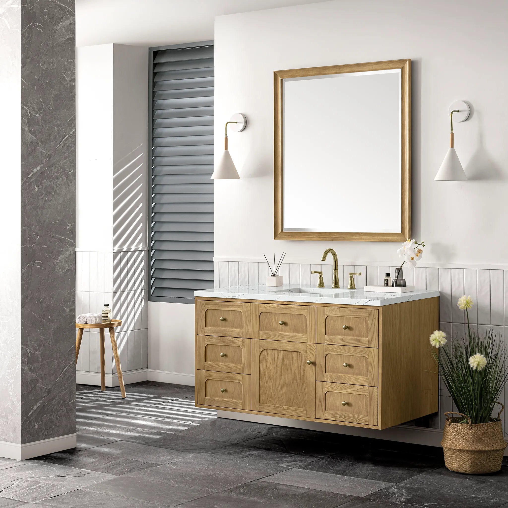 48" Laurent Single Vanity in Light Natural Oak Wireless Charger-Ethereal Noctis Silestone-8" Widespread image 8