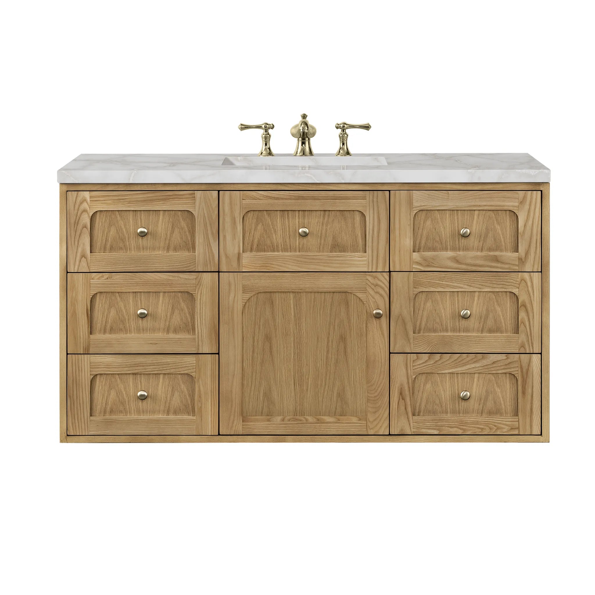 48" Laurent Single Vanity in Light Natural Oak Wireless Charger-Victorian Silver Silestone-8" Widespread image 1