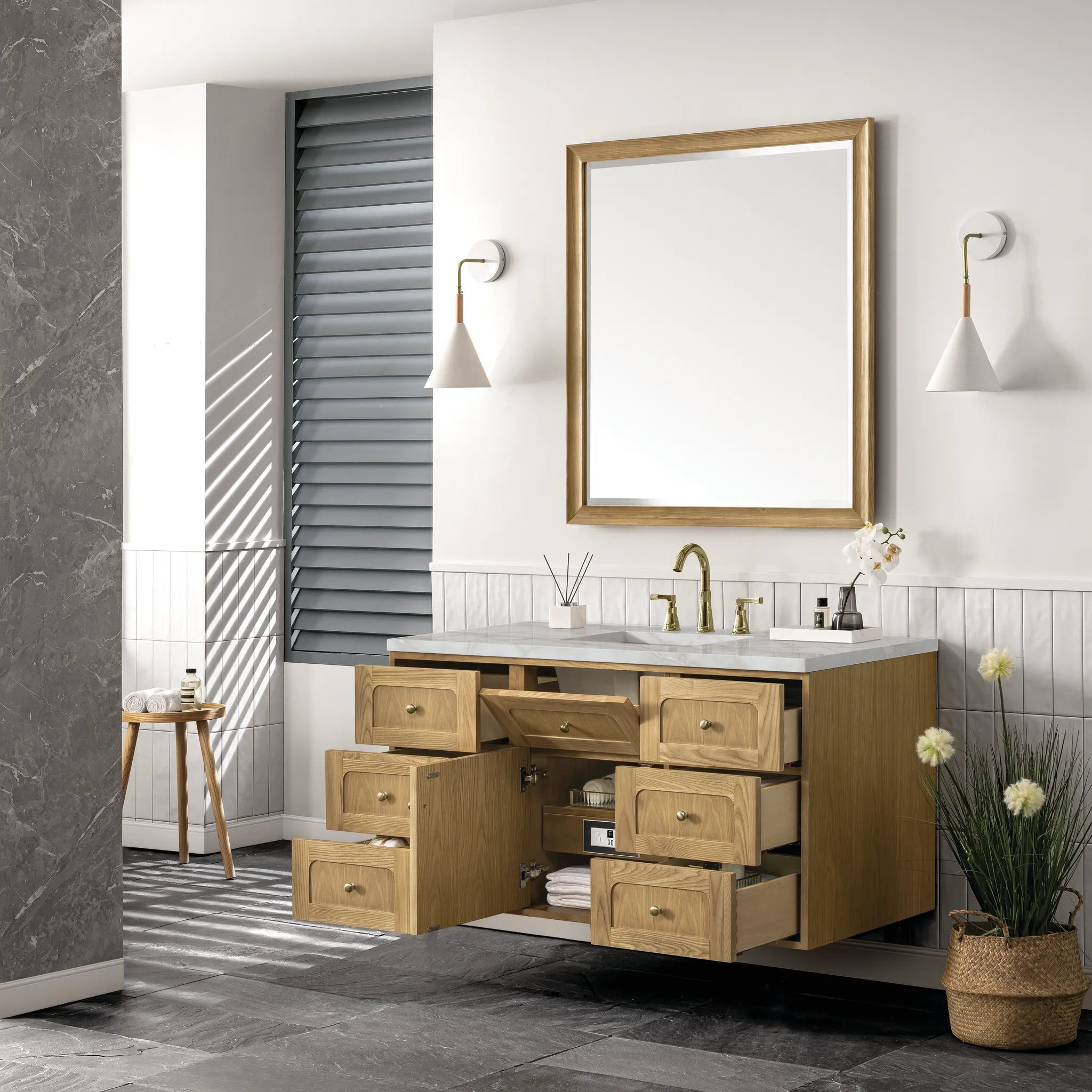 48" Laurent Single Vanity in Light Natural Oak Wireless Charger-Victorian Silver Silestone-8" Widespread image 10