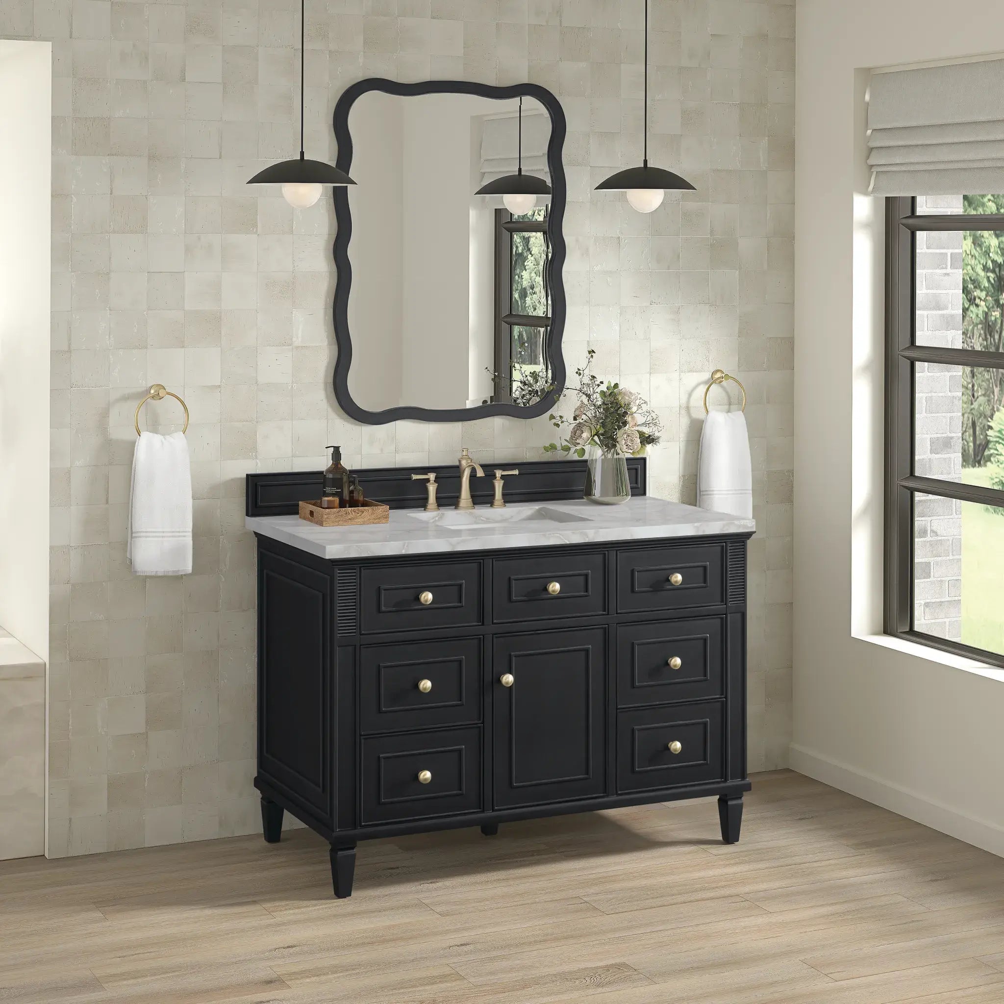 48" Lorelai Single Vanity in Black Onyx-Victorian Silver Silestone-8" Widespread image 3