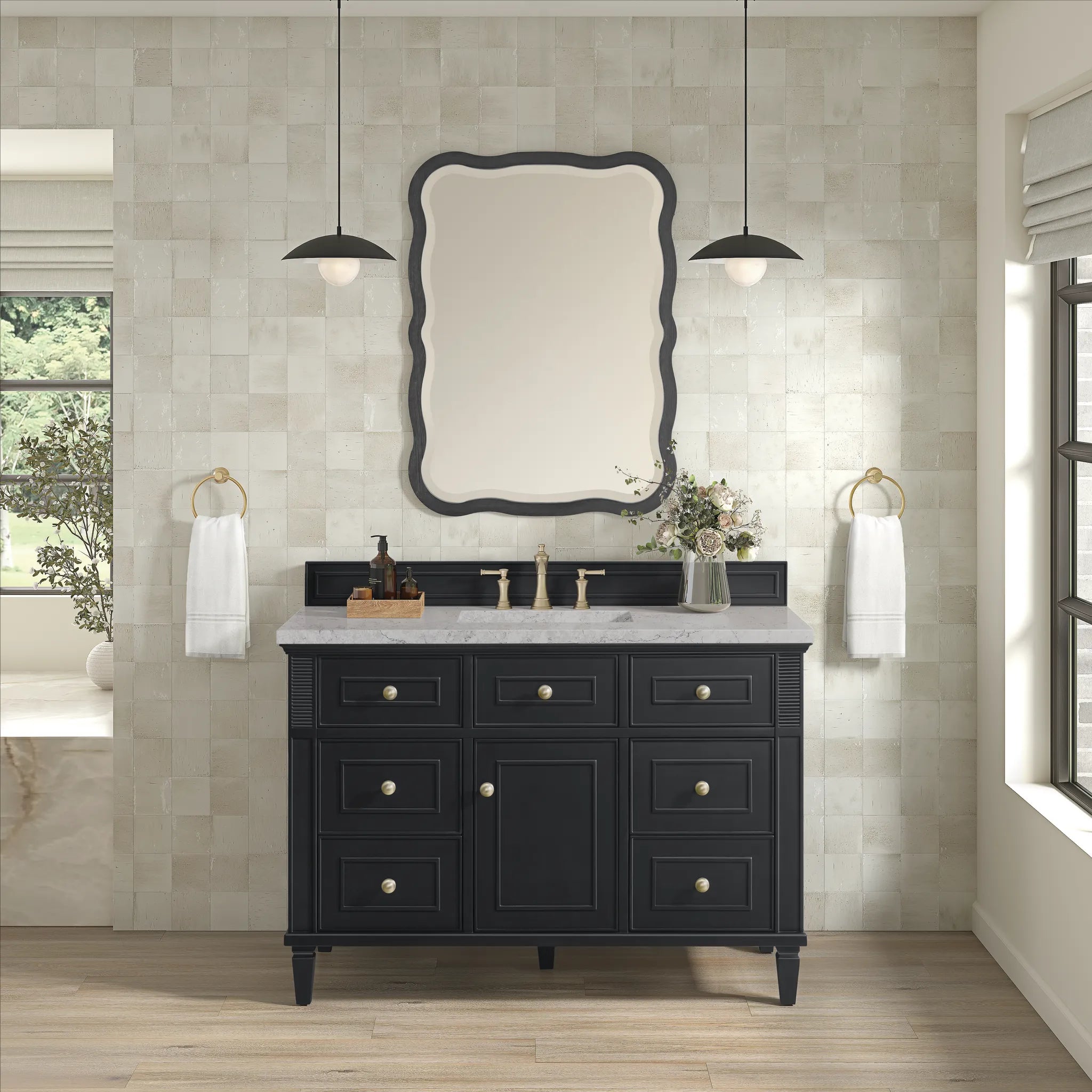 48" Lorelai Single Vanity in Black Onyx w/FreePower Wireless Charger-Eternal Jasmine Pearl Silestone-8" Widespread image 5