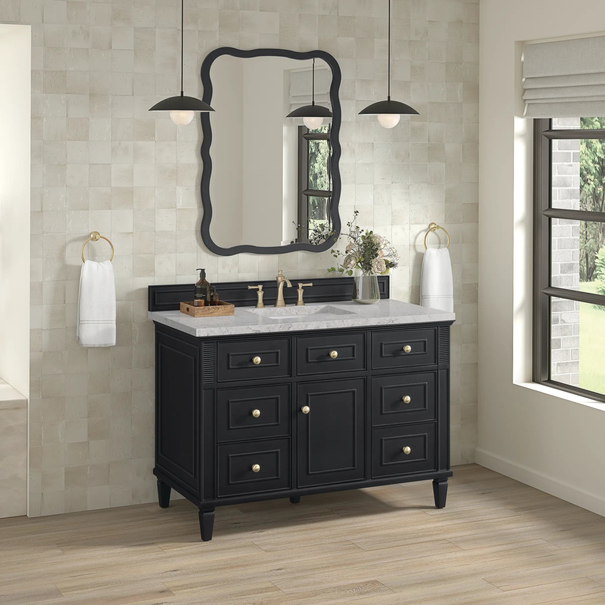 48" Lorelai Single Vanity in Black Onyx w/FreePower Wireless Charger-Eternal Jasmine Pearl Silestone-8" Widespread image 6