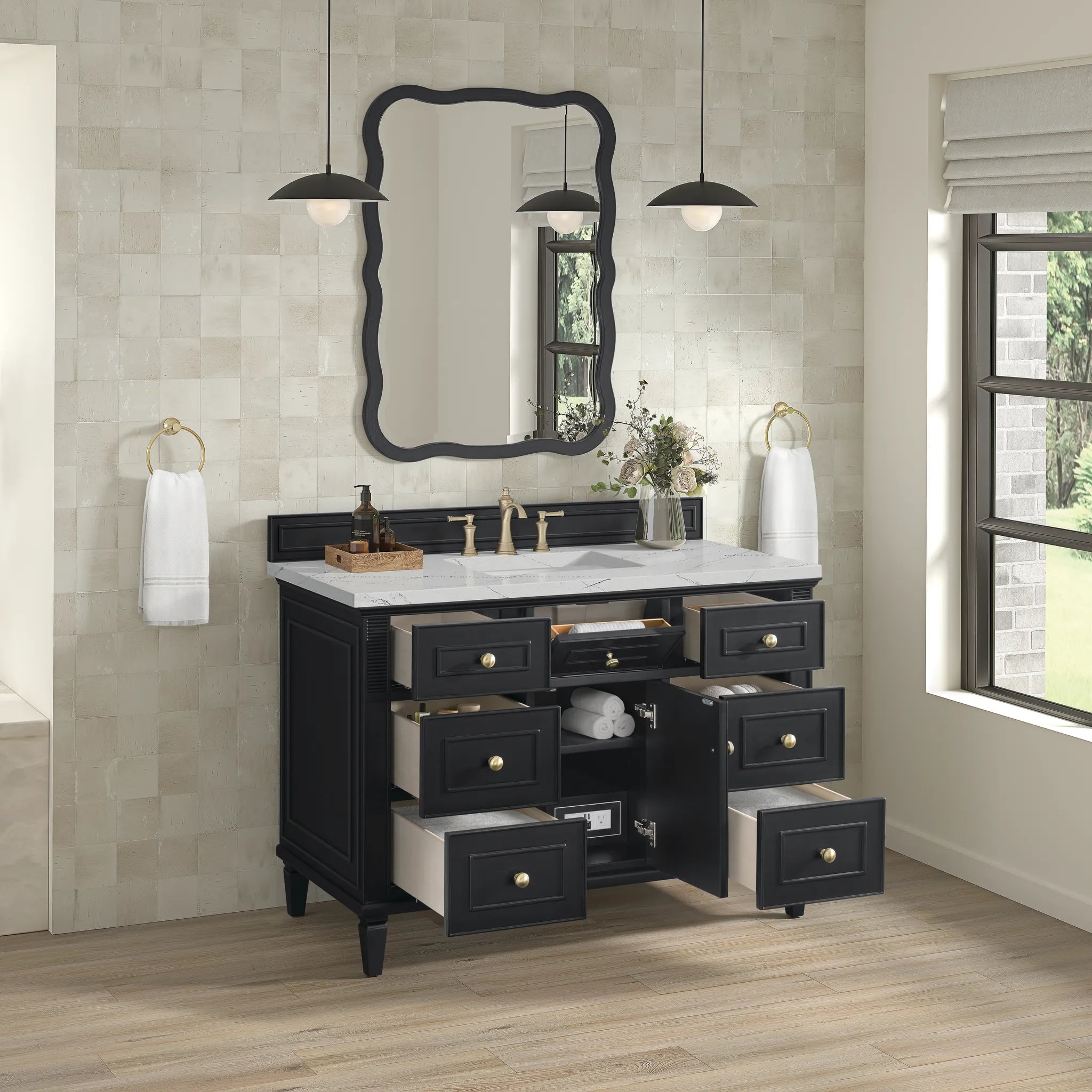 48" Lorelai Single Vanity in Black Onyx w/FreePower Wireless Charger-Ethereal Noctis Silestone-8" Widespread image 7