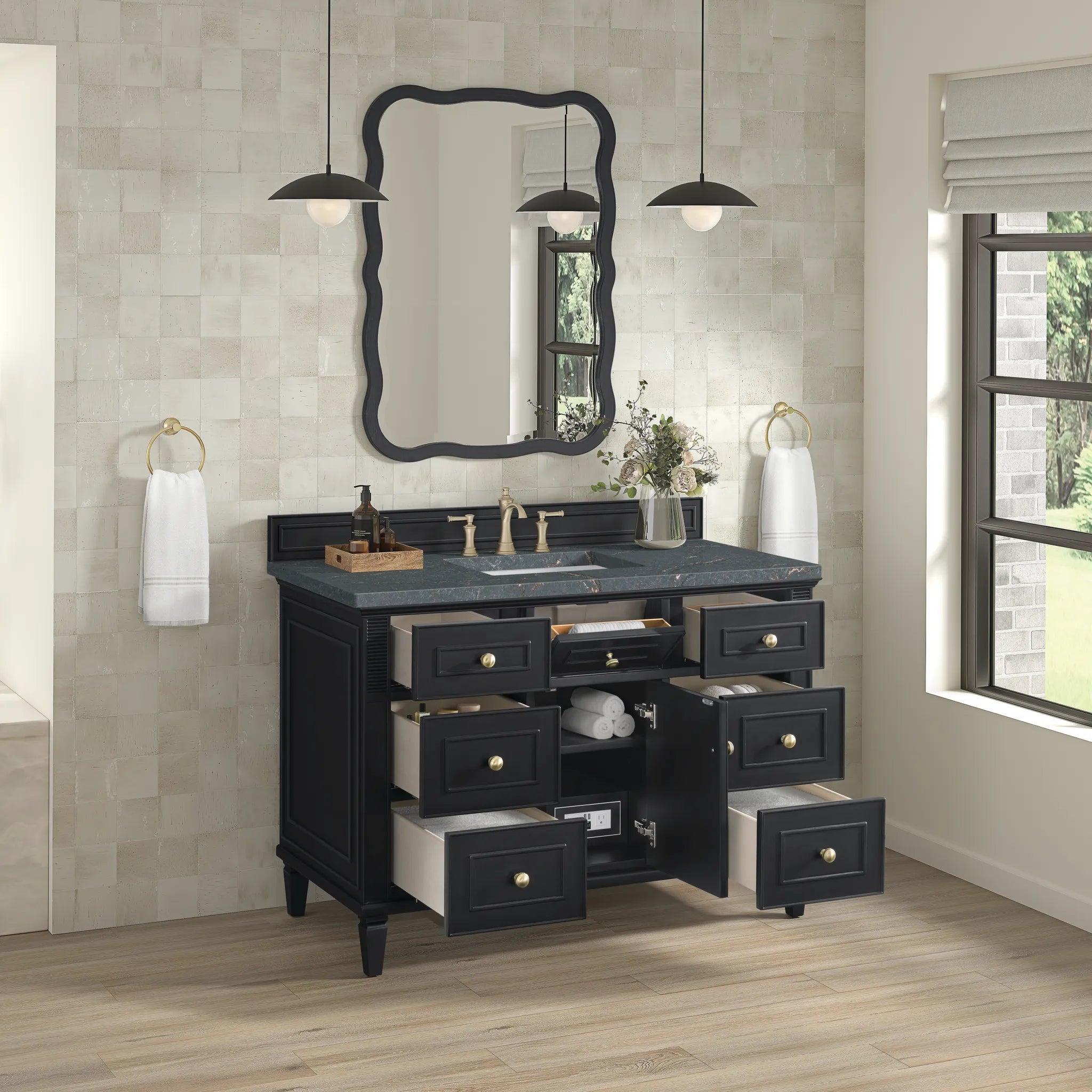 48" Lorelai Single Vanity in Black Onyx w/FreePower Wireless Charger-Parisien Bleu Silestone-8" Widespread image 7