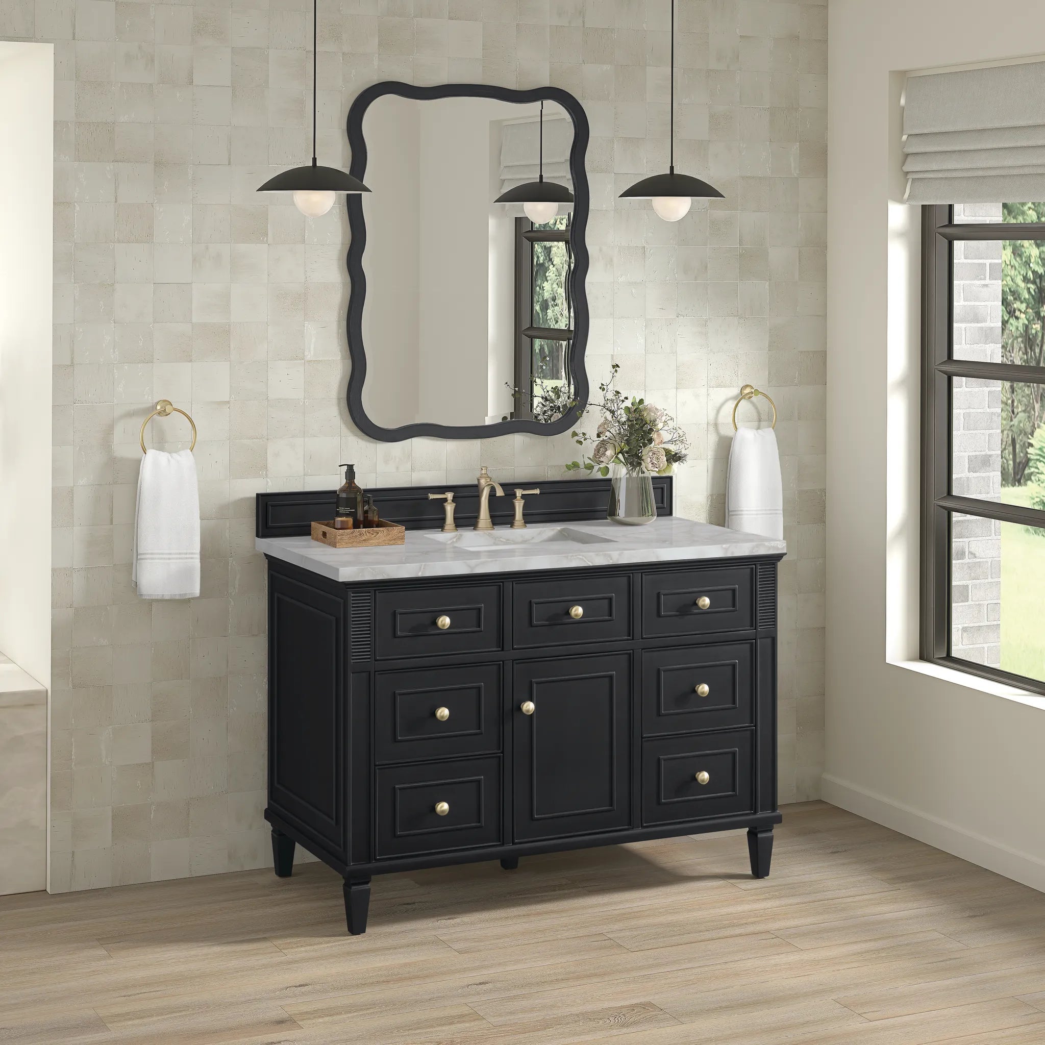 48" Lorelai Single Vanity in Black Onyx w/FreePower Wireless Charger-Victorian Silver Silestone-8" Widespread image 6