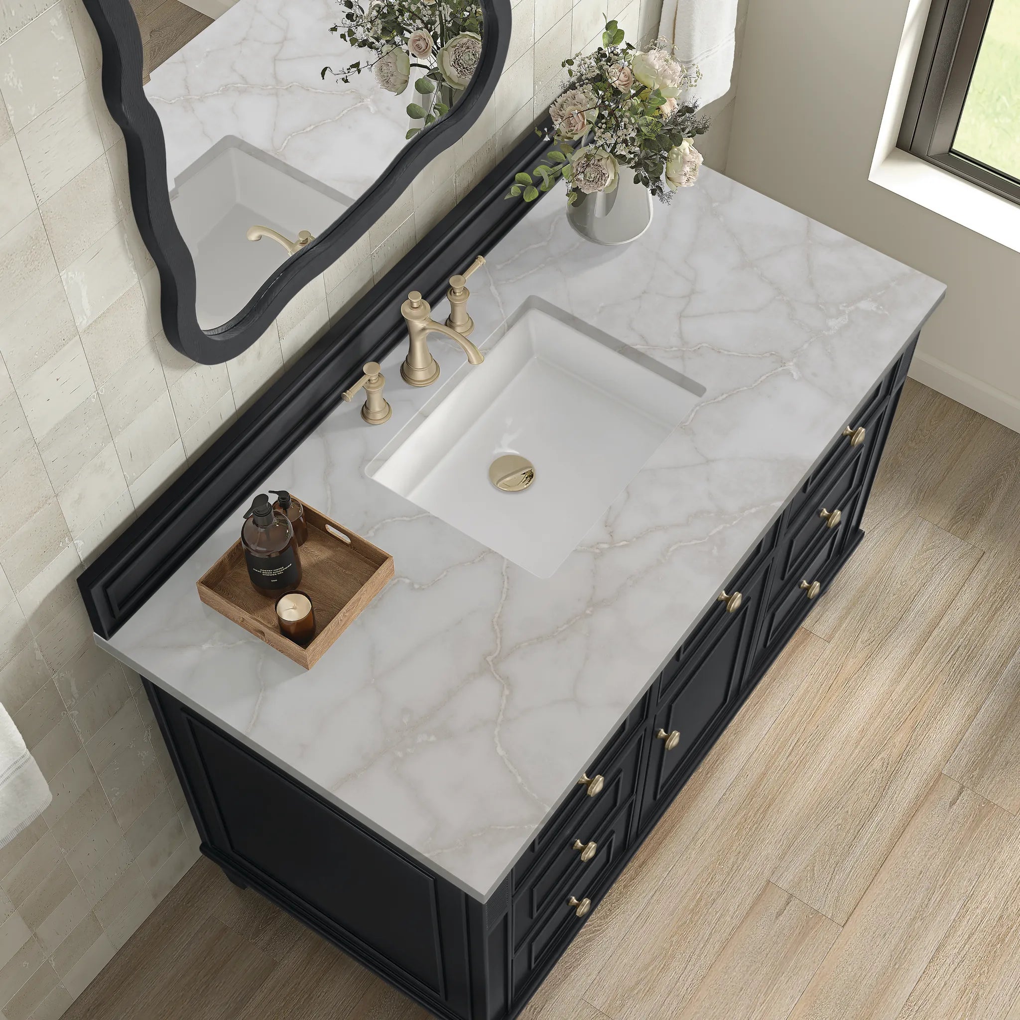 48" Lorelai Single Vanity in Black Onyx w/FreePower Wireless Charger-Victorian Silver Silestone-8" Widespread image 9