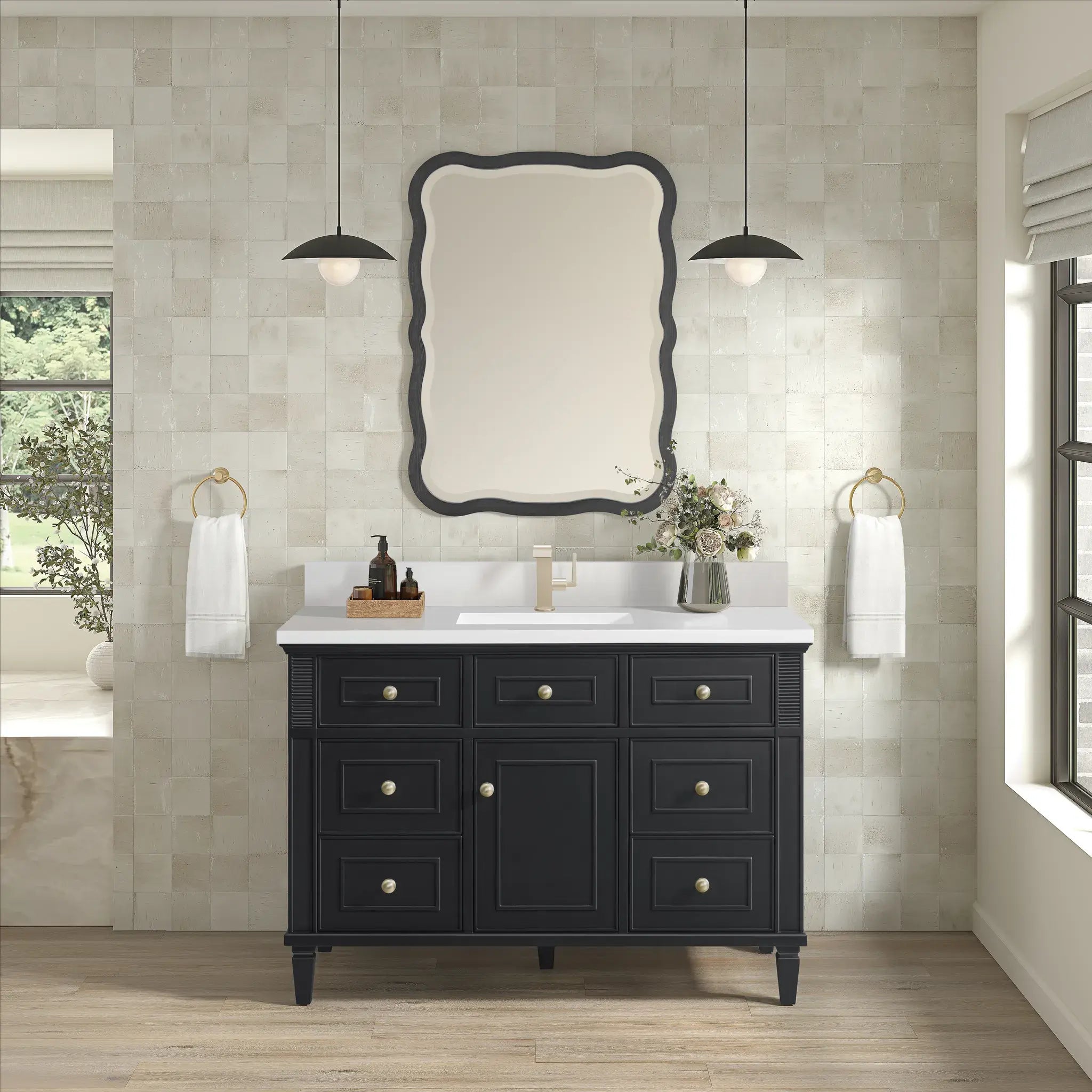 48" Lorelai Single Vanity in Black Onyx-White Zeus Silestone & Backsplash-Single Hole image 1