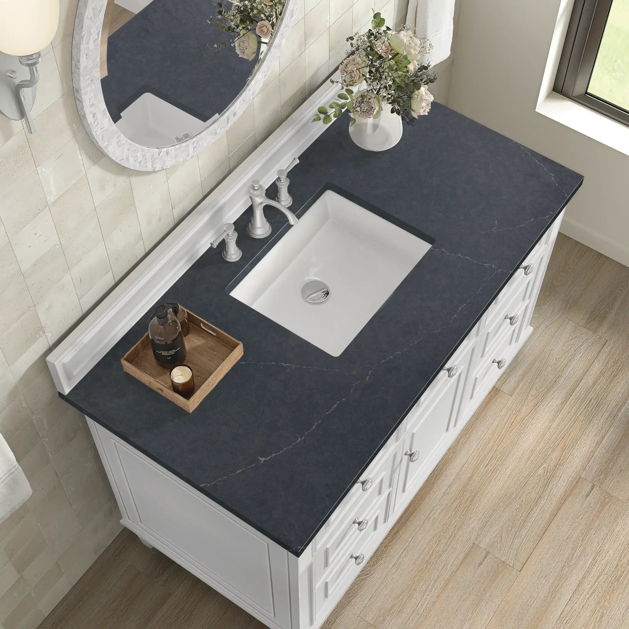 48" Lorelai Single Vanity in Bright White-Charcoal Soapstone Silestone-8" Widespread image 7