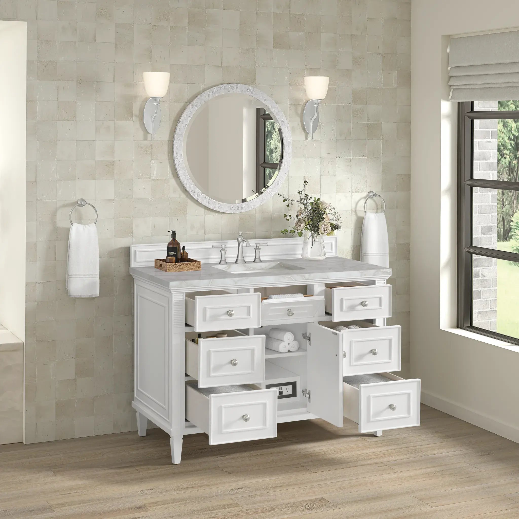 48" Lorelai Single Vanity in Bright White-Victorian Silver Silestone-8" Widespread image 5