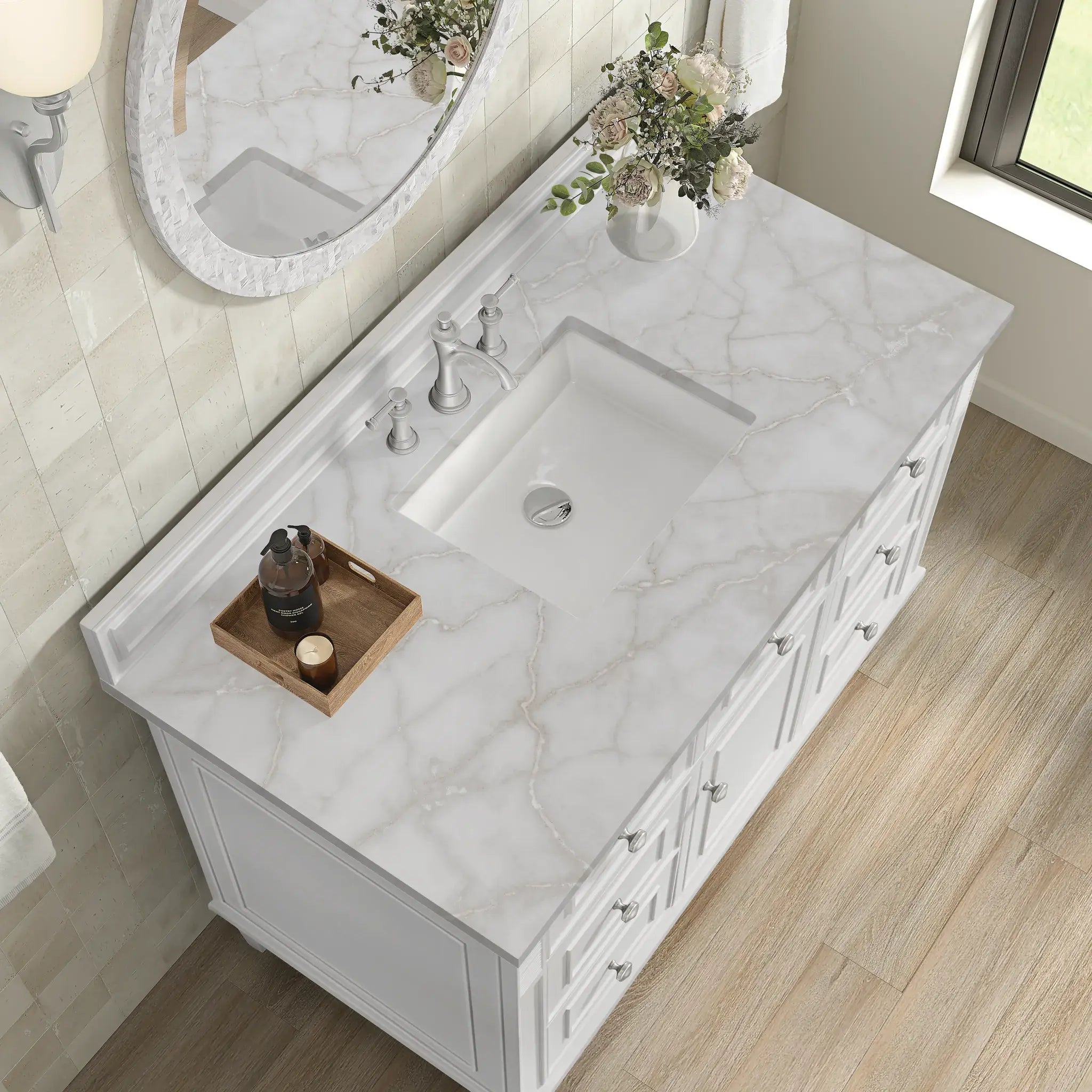 48" Lorelai Single Vanity in Bright White-Victorian Silver Silestone-8" Widespread image 7