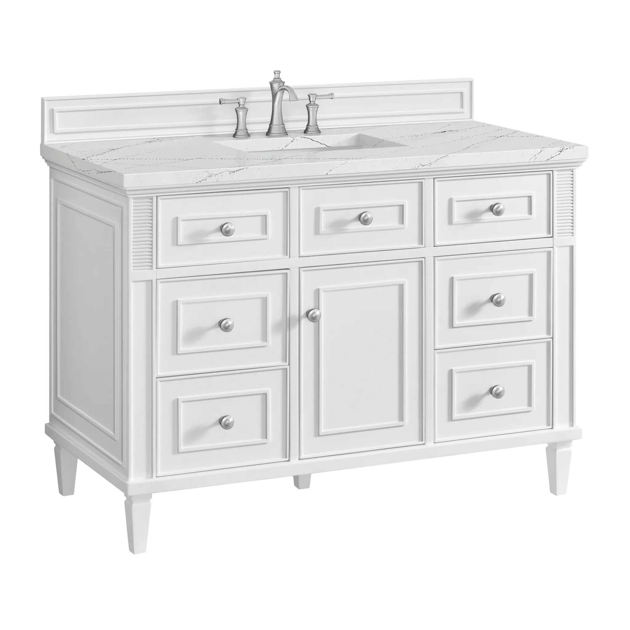 48" Lorelai Single Vanity in Bright White w/FreePower Wireless Charger-Ethereal Noctis Silestone-8" Widespread image 13