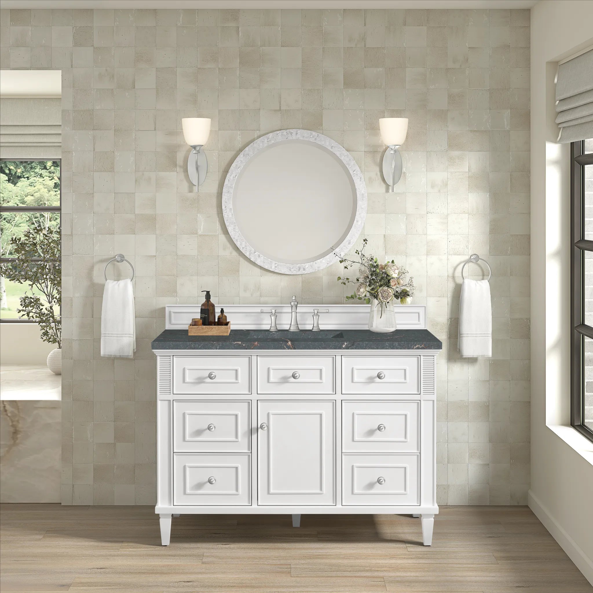 48" Lorelai Single Vanity in Bright White w/FreePower Wireless Charger-Parisien Bleu Silestone-8" Widespread image 6