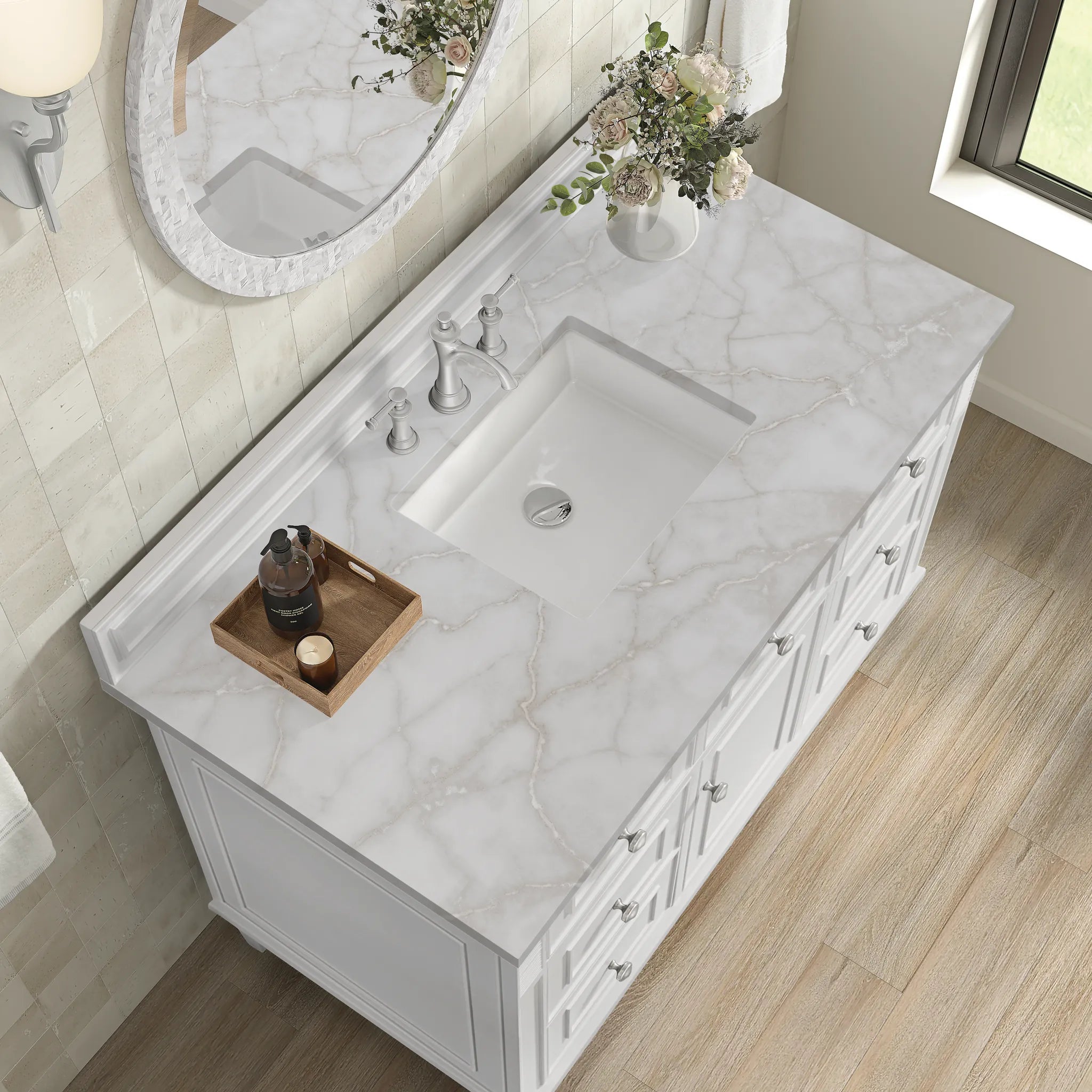48" Lorelai Single Vanity in Bright White w/FreePower Wireless Charger-Victorian Silver Silestone-8" Widespread image 10