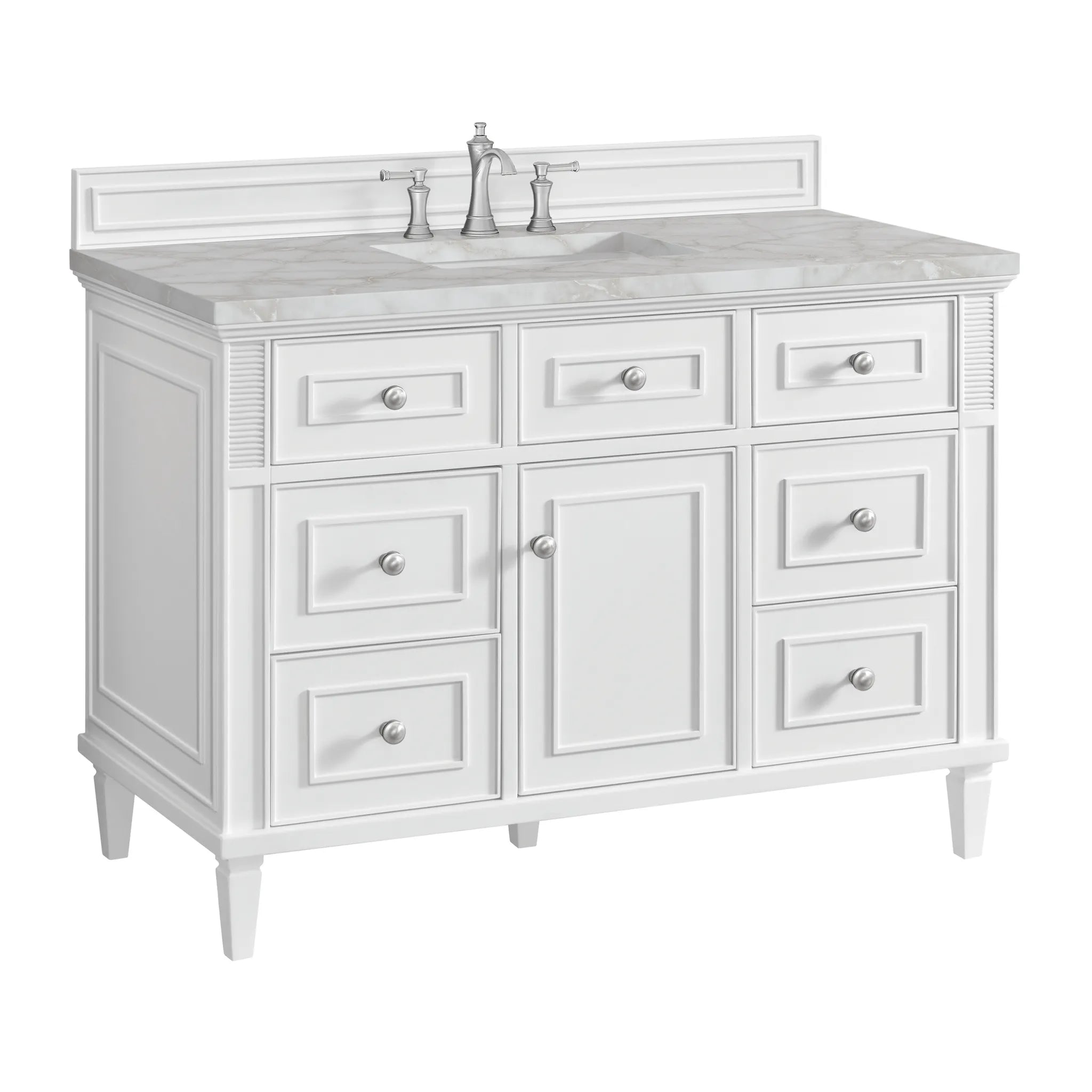 48" Lorelai Single Vanity in Bright White w/FreePower Wireless Charger-Victorian Silver Silestone-8" Widespread image 13
