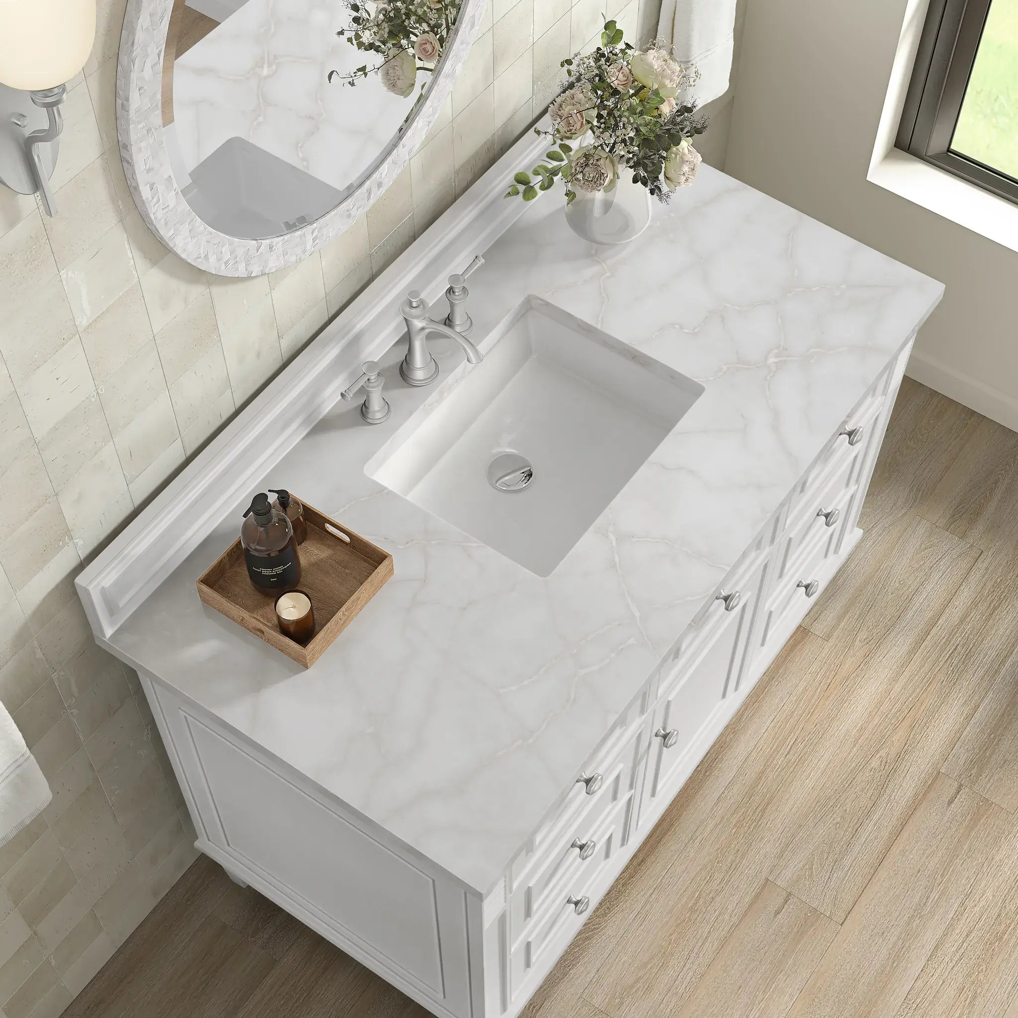 48" Lorelai Single Vanity in Bright White-White Zeus Silestone-8" Widespread image 7