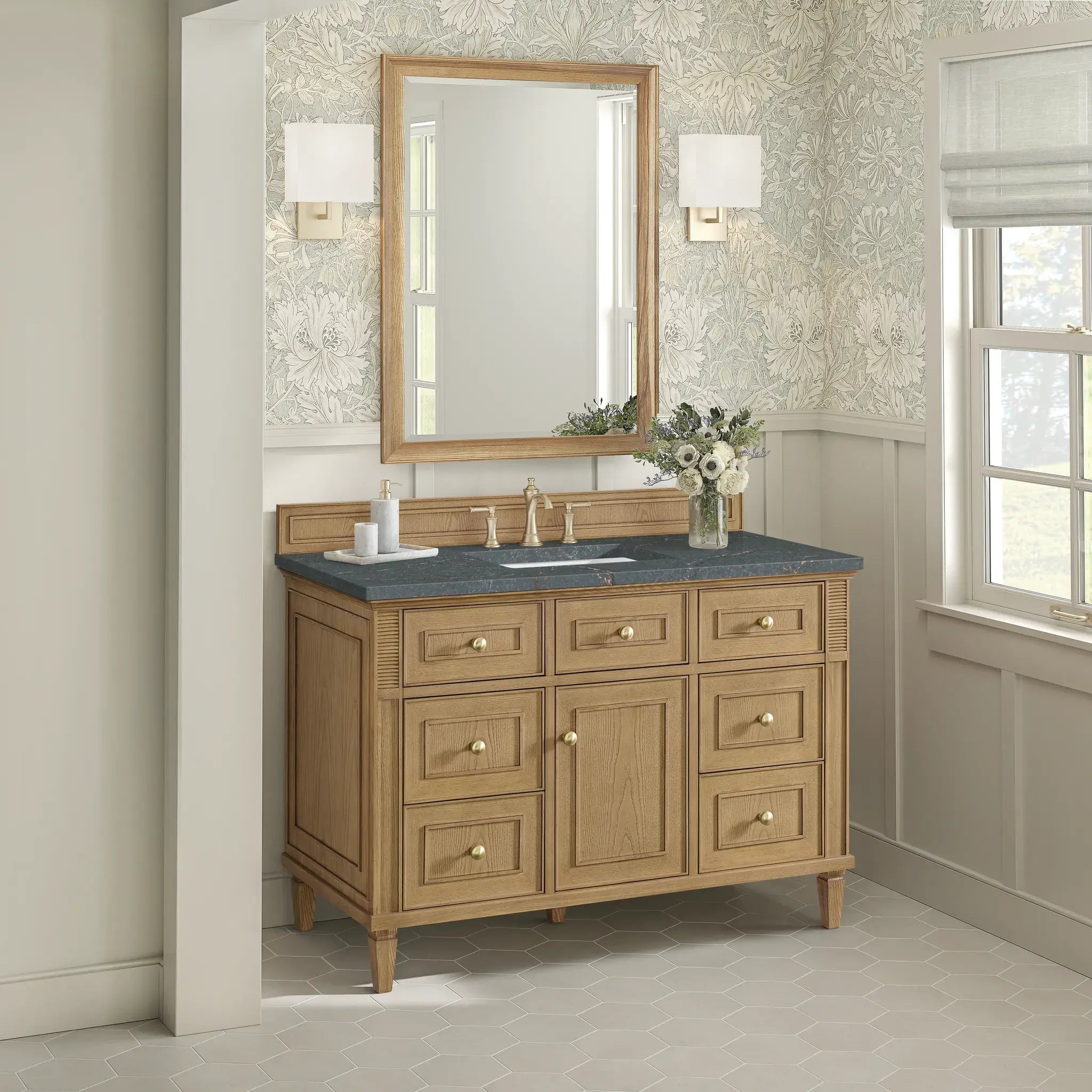 48" Lorelai Single Vanity in Light Natural Oak-Parisien Bleu Silestone-8" Widespread image 3