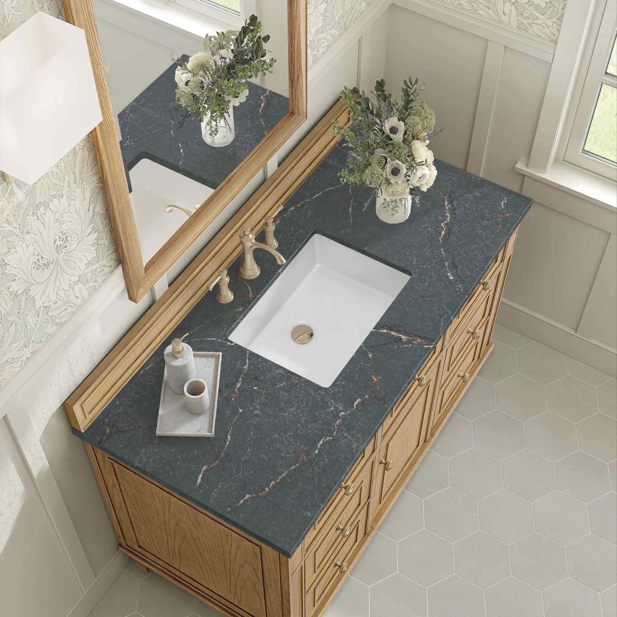 48" Lorelai Single Vanity in Light Natural Oak-Parisien Bleu Silestone-8" Widespread image 6