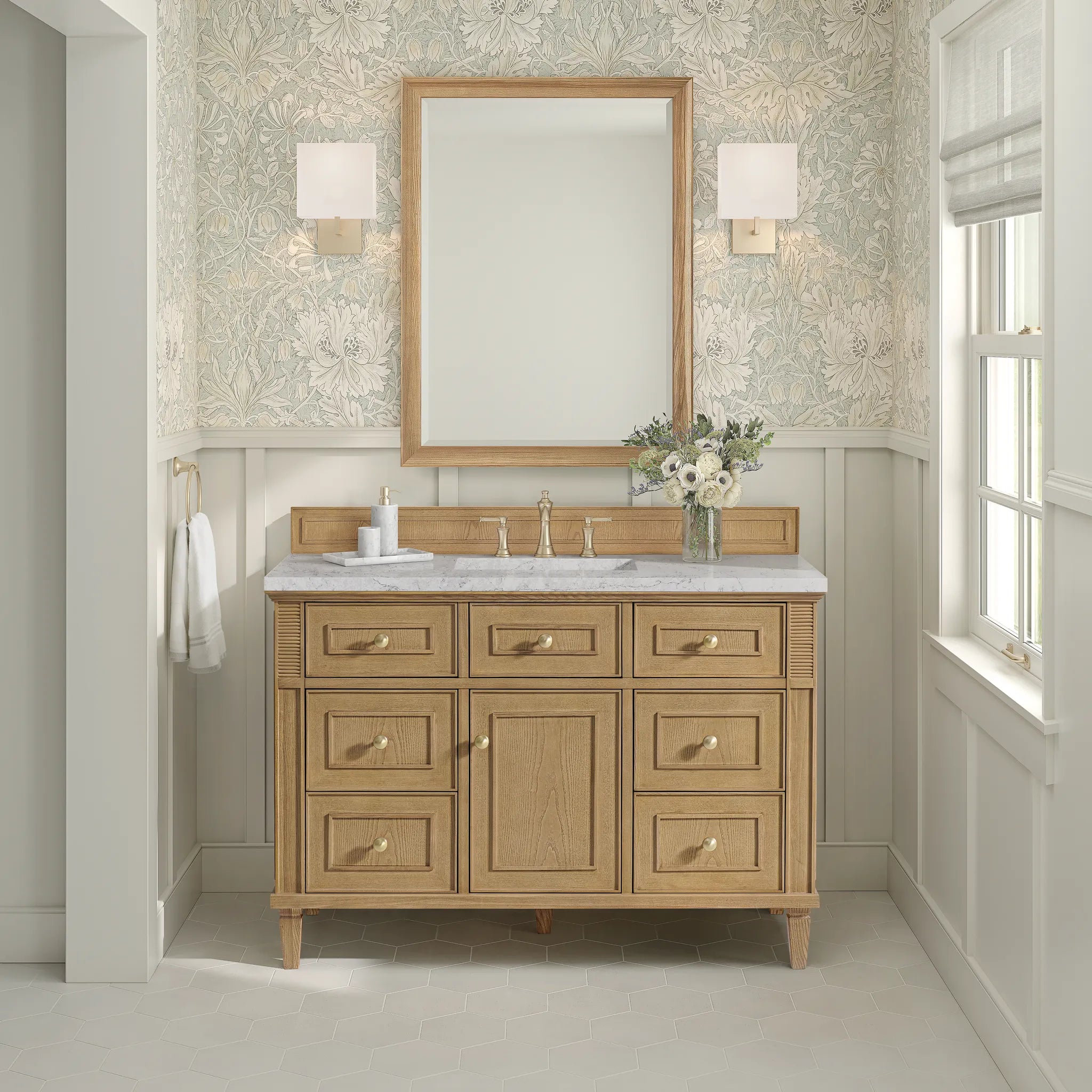 48" Lorelai Single Vanity in Light Natural Oak Wireless Charger-Eternal Jasmine Pearl Silestone-8" Widespread image 5