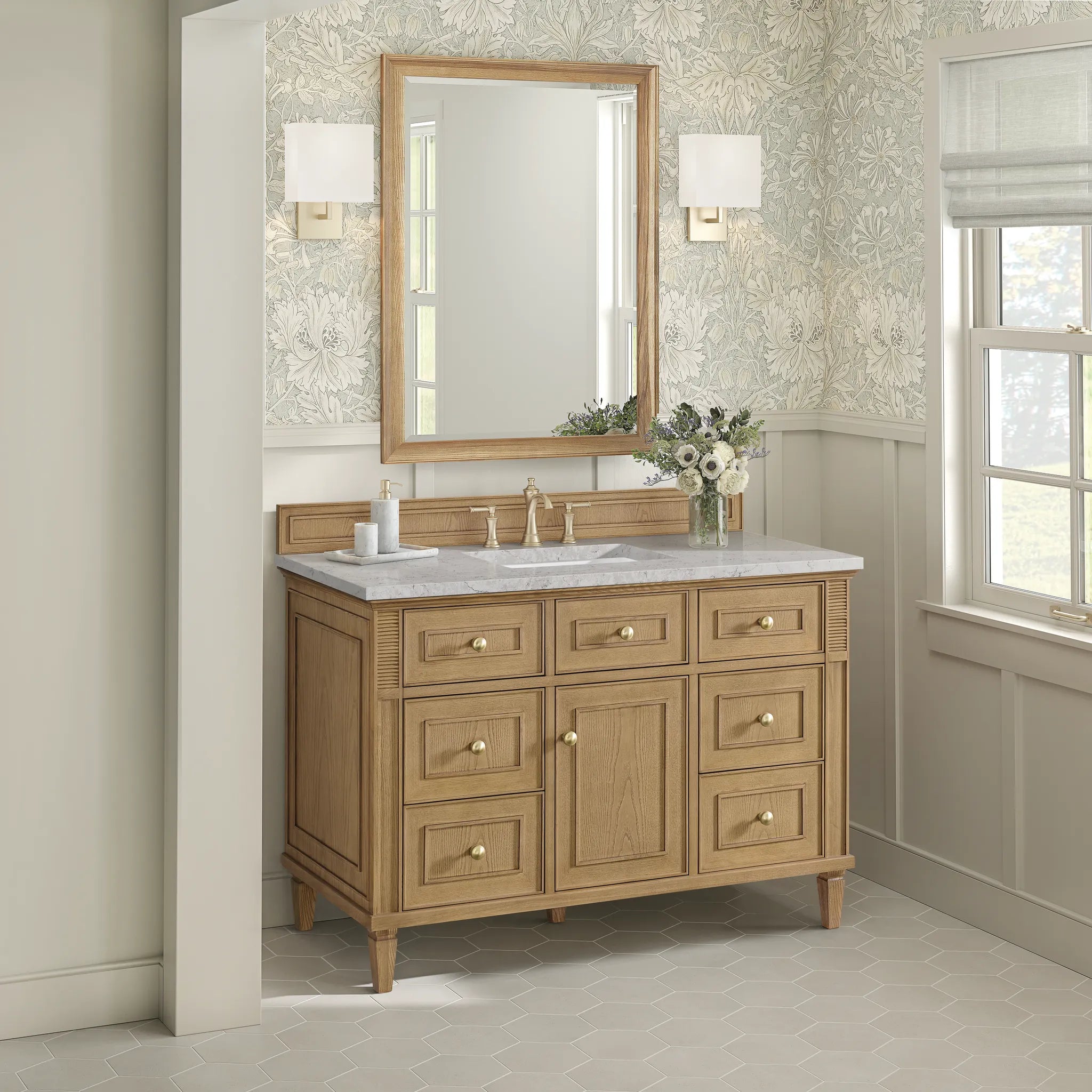 48" Lorelai Single Vanity in Light Natural Oak Wireless Charger-Eternal Jasmine Pearl Silestone-8" Widespread image 6