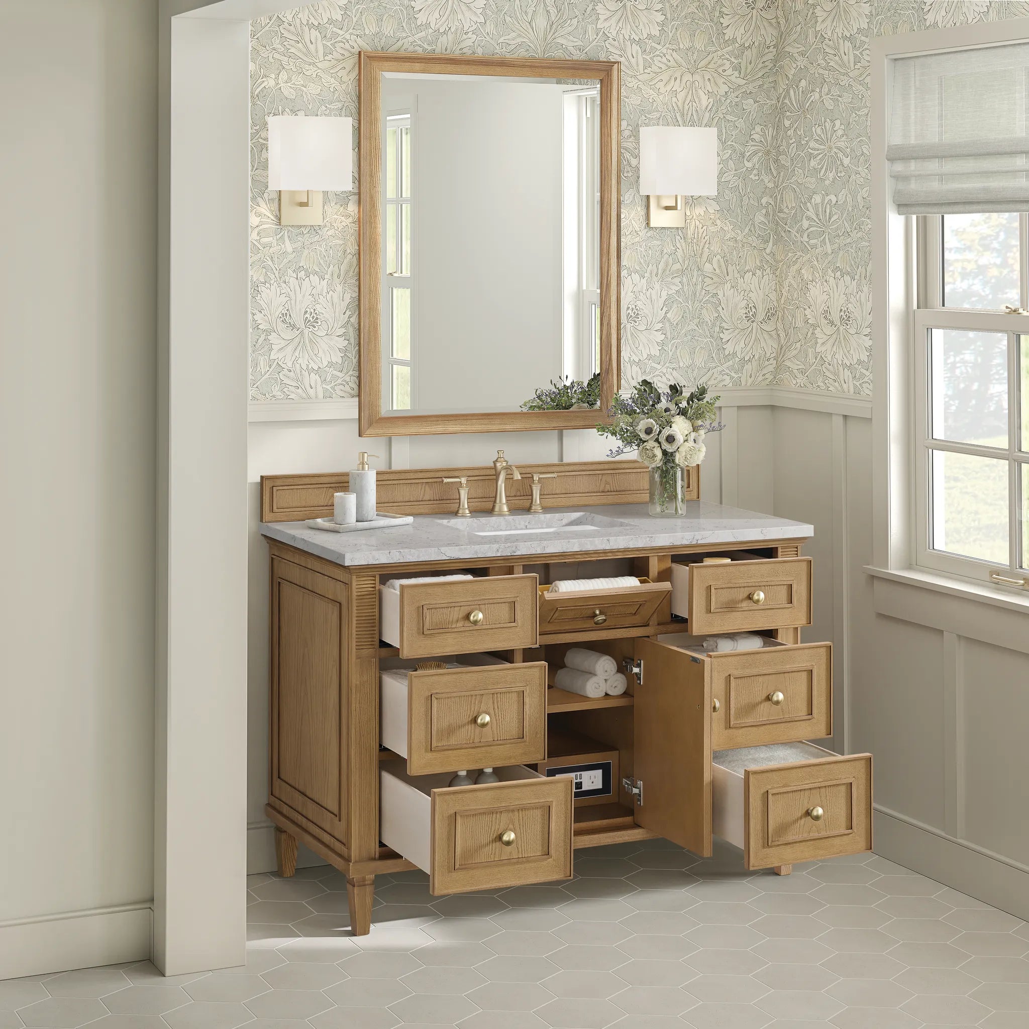 48" Lorelai Single Vanity in Light Natural Oak Wireless Charger-Eternal Jasmine Pearl Silestone-8" Widespread image 7