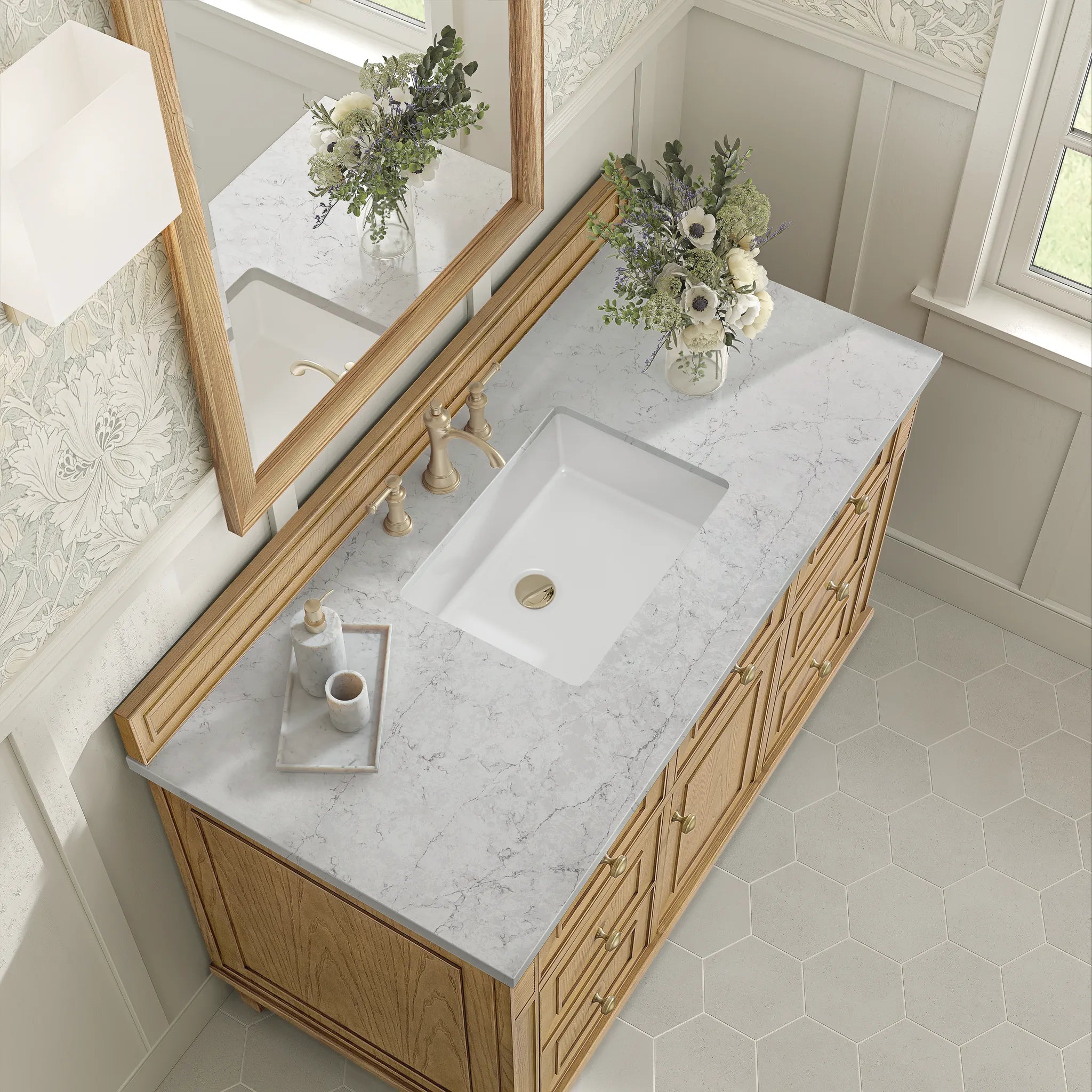 48" Lorelai Single Vanity in Light Natural Oak Wireless Charger-Eternal Jasmine Pearl Silestone-8" Widespread image 9
