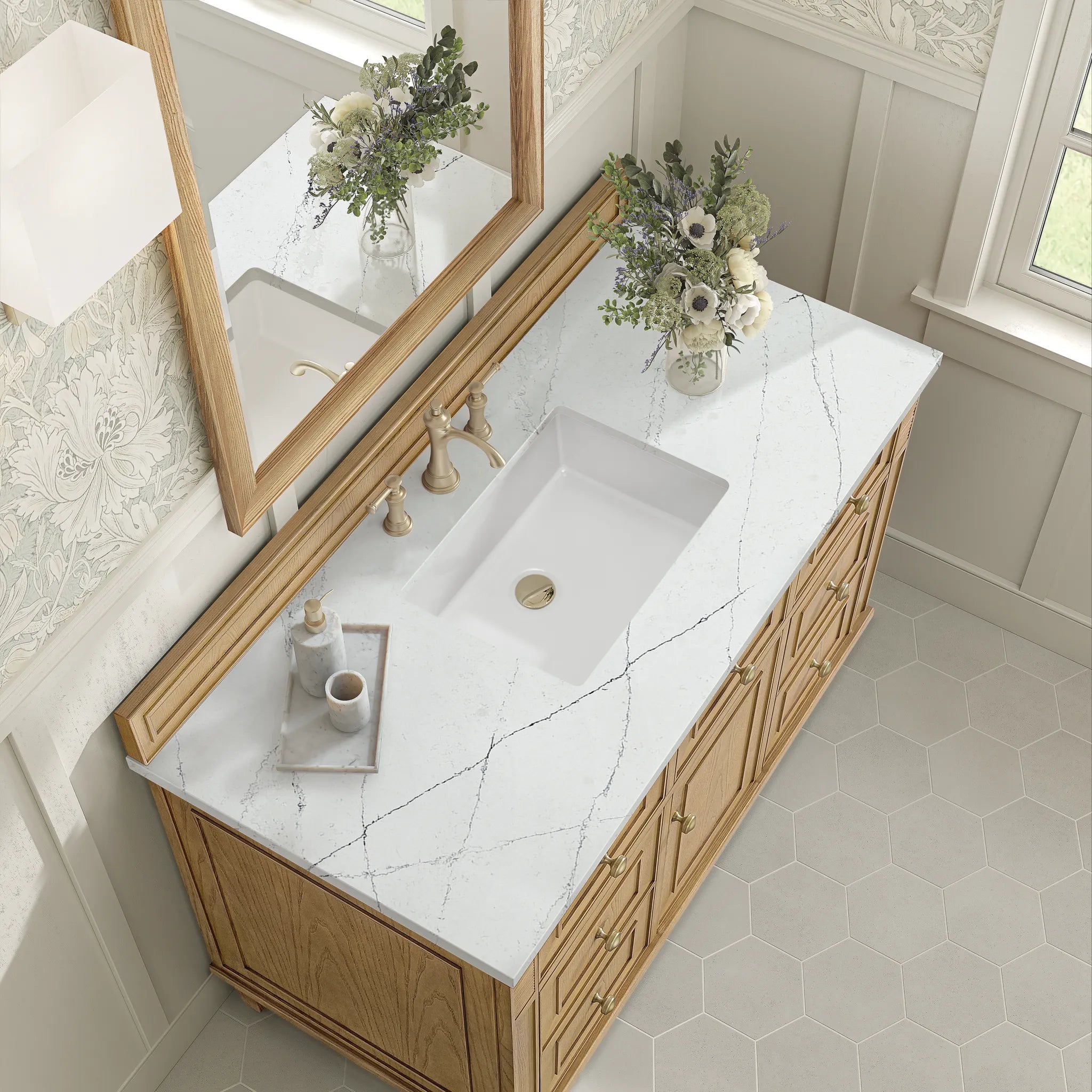 48" Lorelai Single Vanity in Light Natural Oak Wireless Charger-Ethereal Noctis Silestone-8" Widespread image 9