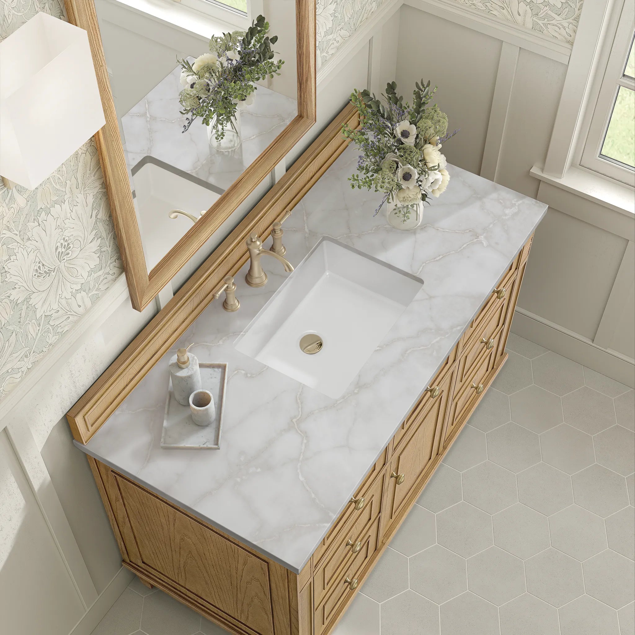 48" Lorelai Single Vanity in Light Natural Oak Wireless Charger-Victorian Silver Silestone-8" Widespread image 9