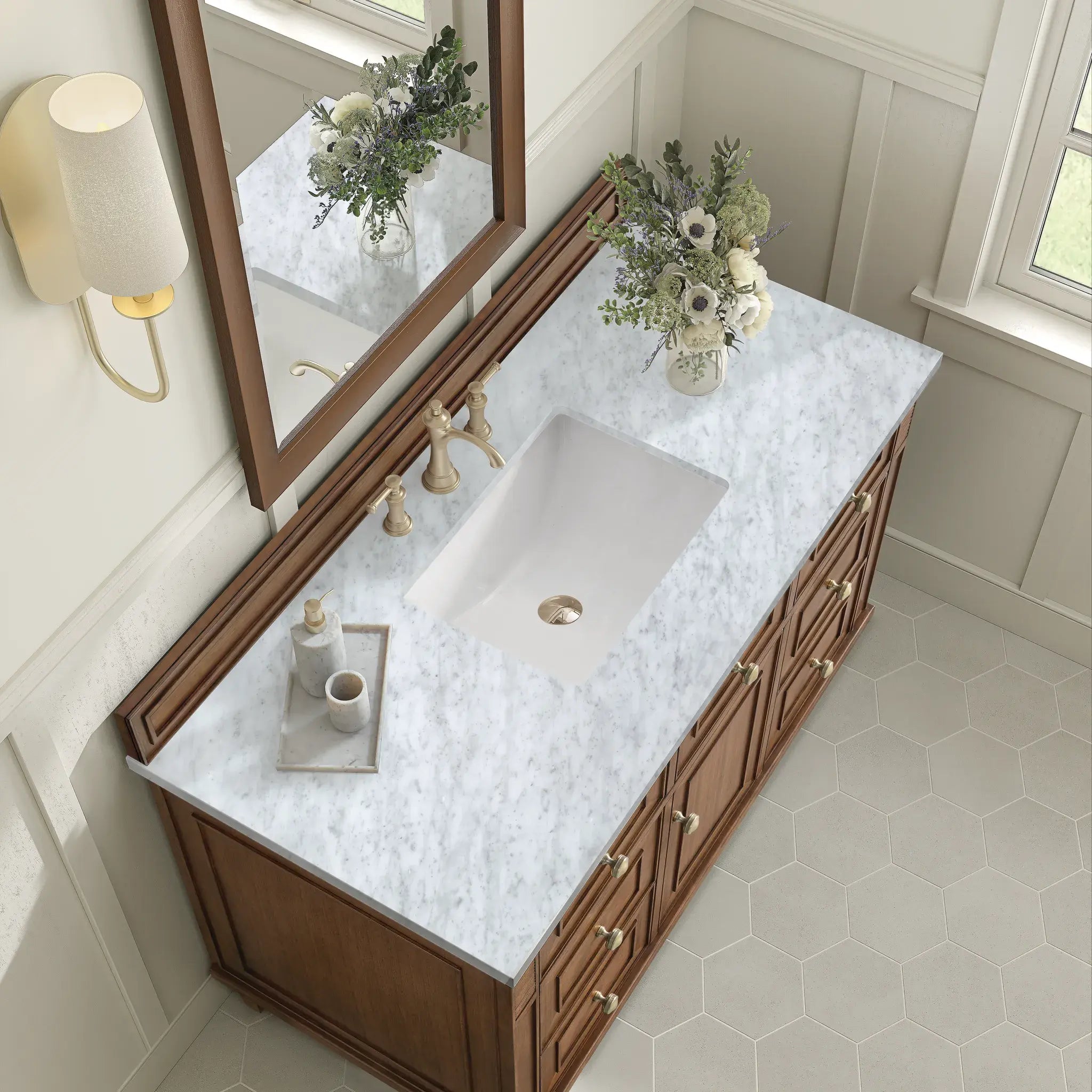 48" Lorelai Single Vanity in Mid-Century Walnut-Carrara White Marble-8" Widespread image 7