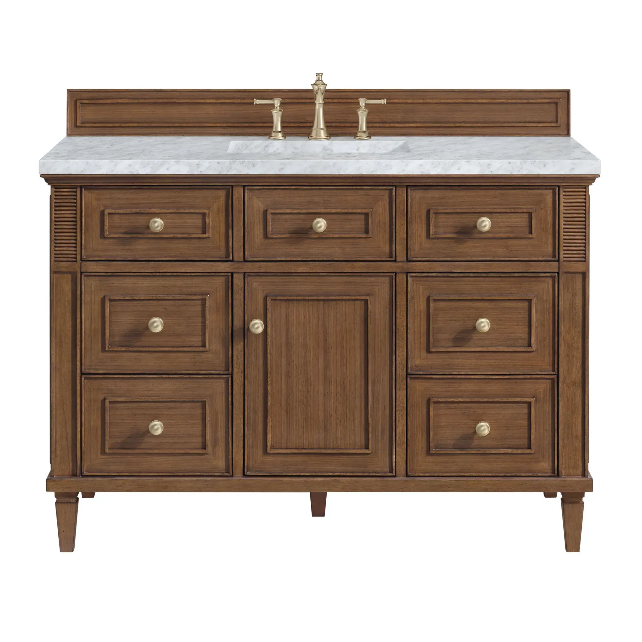 48" Lorelai Single Vanity in Mid-Century Walnut-Carrara White Marble-8" Widespread image
