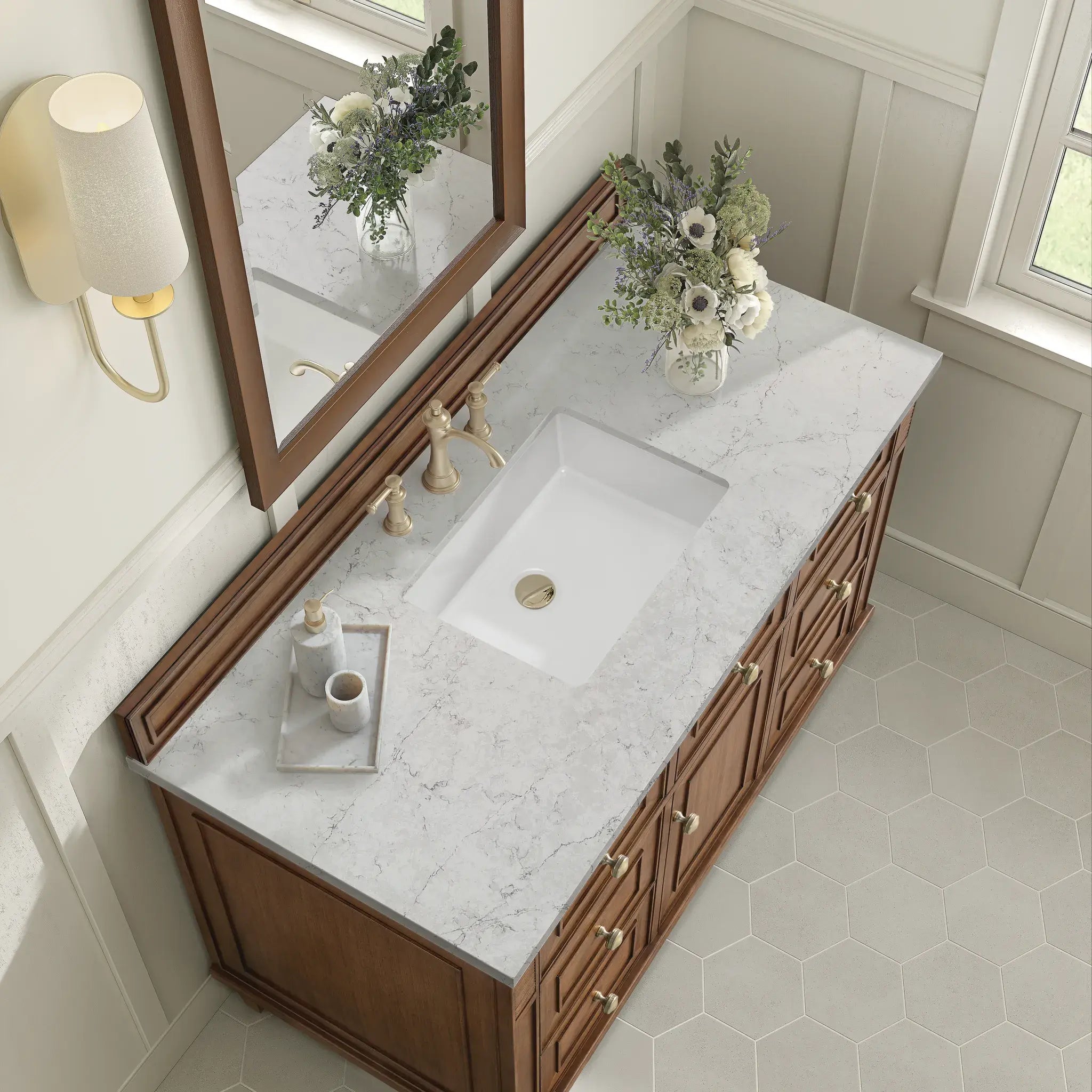 48" Lorelai Single Vanity in Mid-Century Walnut-Eternal Jasmine Pearl Silestone-8" Widespread image 7