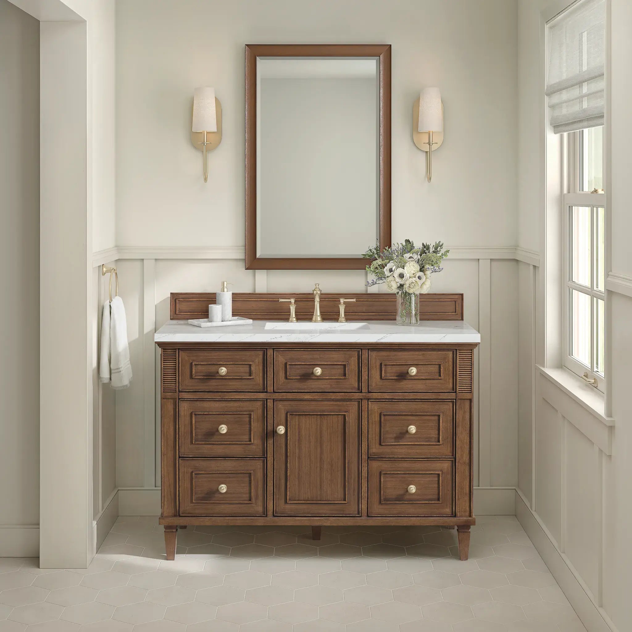 48" Lorelai Single Vanity in Mid-Century Walnut-Ethereal Noctis Silestone-8" Widespread image 3