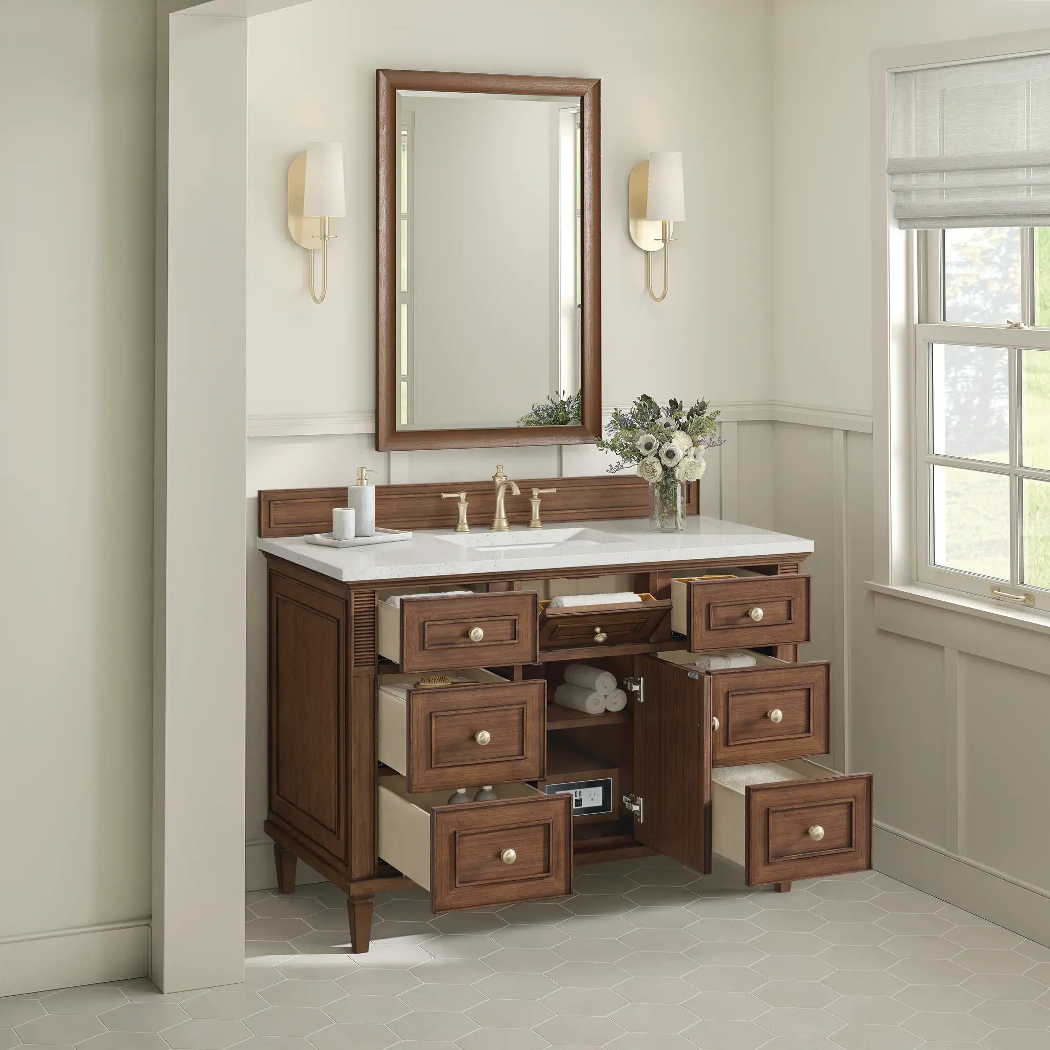 48" Lorelai Single Vanity in Mid-Century Walnut-Lime Delight Silestone-8" Widespread image 5
