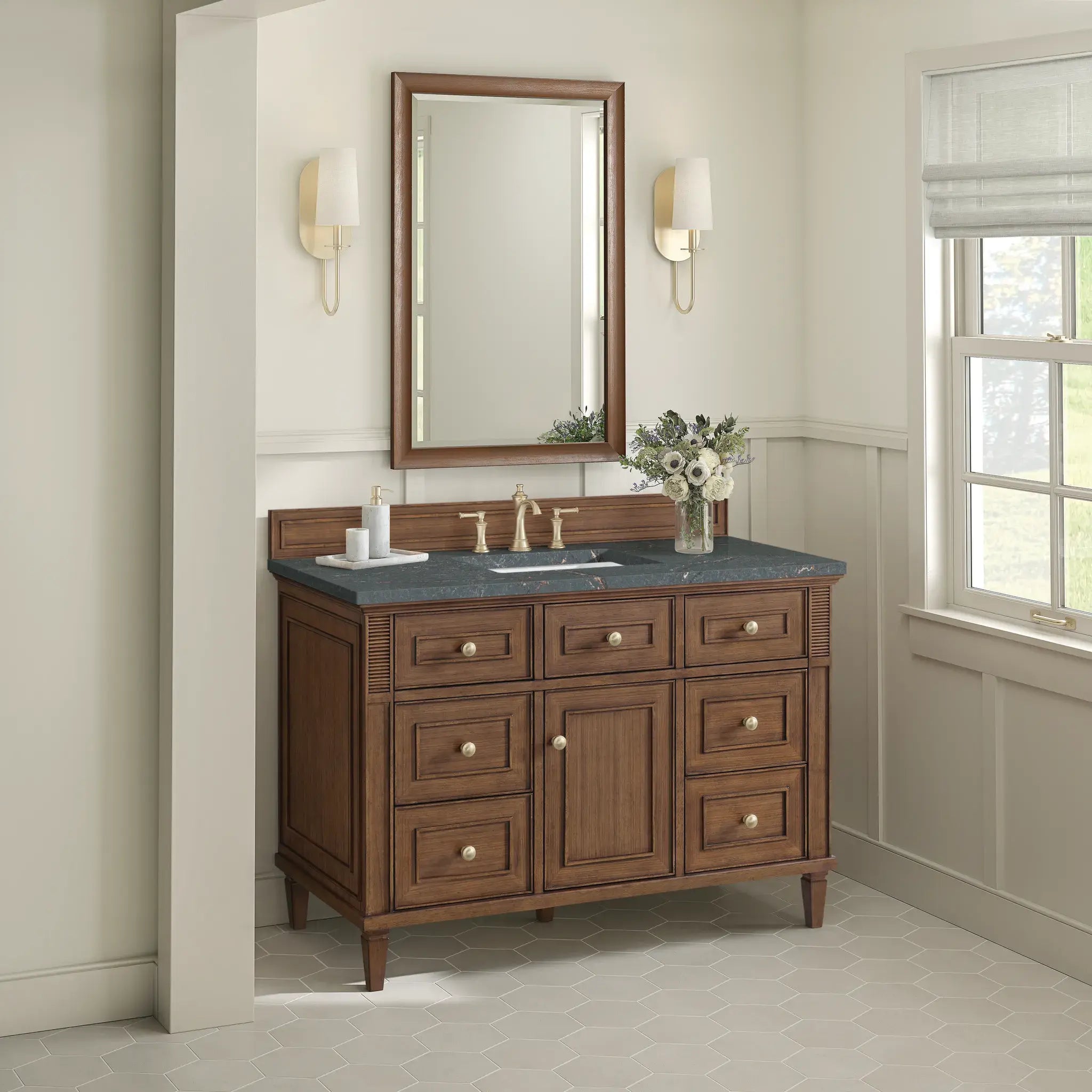 48" Lorelai Single Vanity in Mid-Century Walnut-Parisien Bleu Silestone-8" Widespread image 4