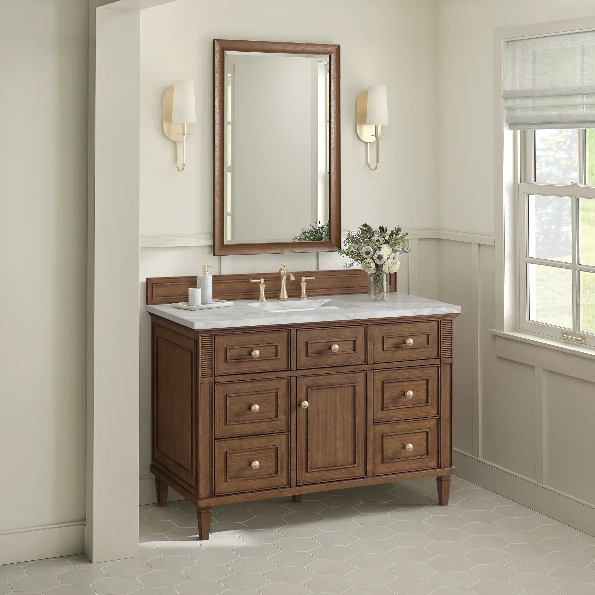 48" Lorelai Single Vanity in Mid-Century Walnut-Victorian Silver Silestone-8" Widespread image 4