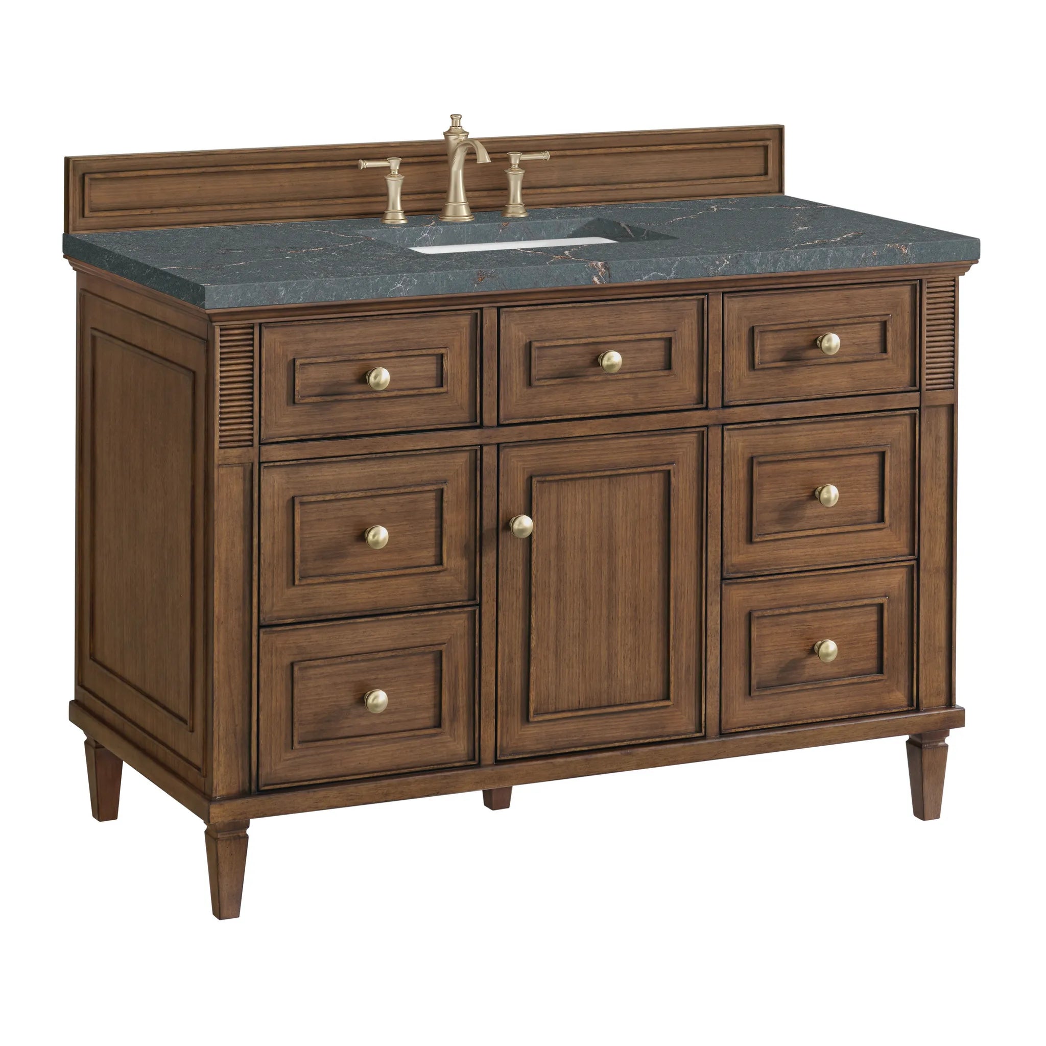 48" Lorelai Single Vanity in Mid-Century Walnut w/FreePower Wireless Charger-Parisien Bleu Silestone-8" Widespread image 13