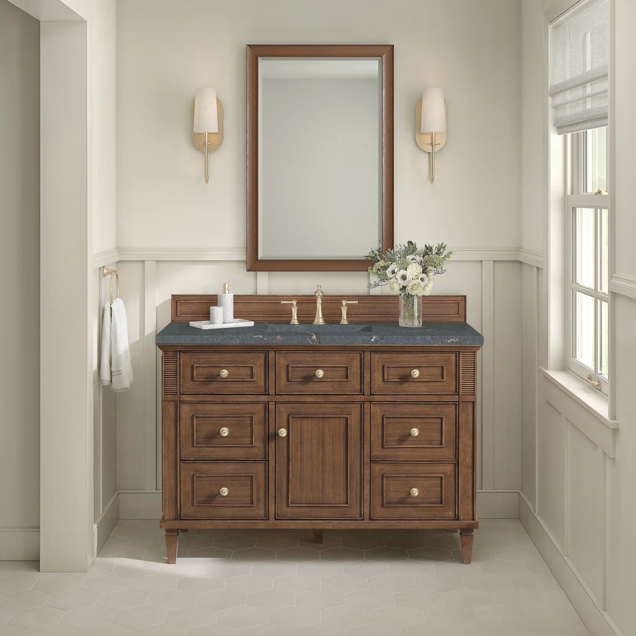 48" Lorelai Single Vanity in Mid-Century Walnut w/FreePower Wireless Charger-Parisien Bleu Silestone-8" Widespread image 6
