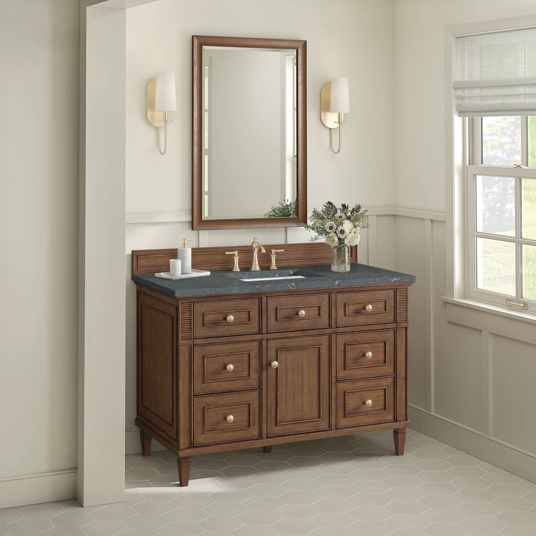48" Lorelai Single Vanity in Mid-Century Walnut w/FreePower Wireless Charger-Parisien Bleu Silestone-8" Widespread image 7