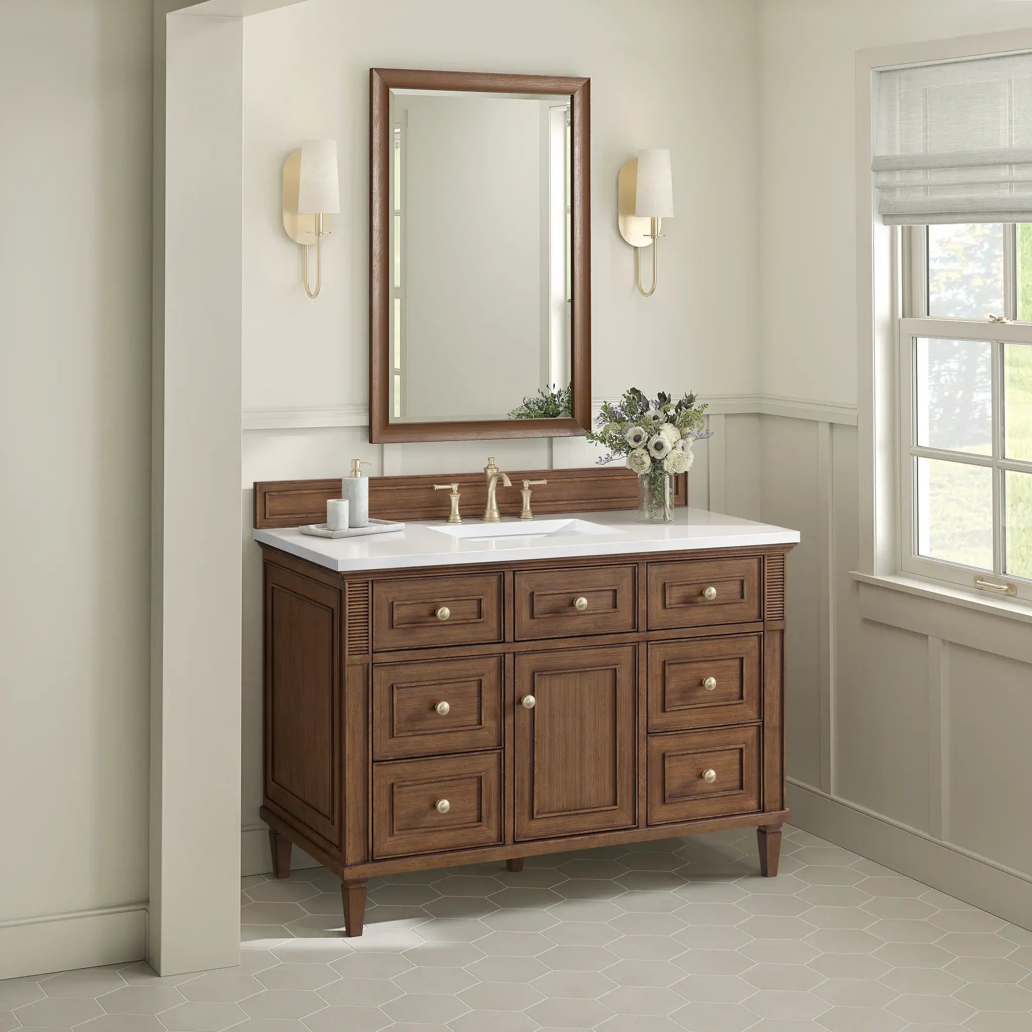 48" Lorelai Single Vanity in Mid-Century Walnut-White Zeus Silestone-8" Widespread image 4