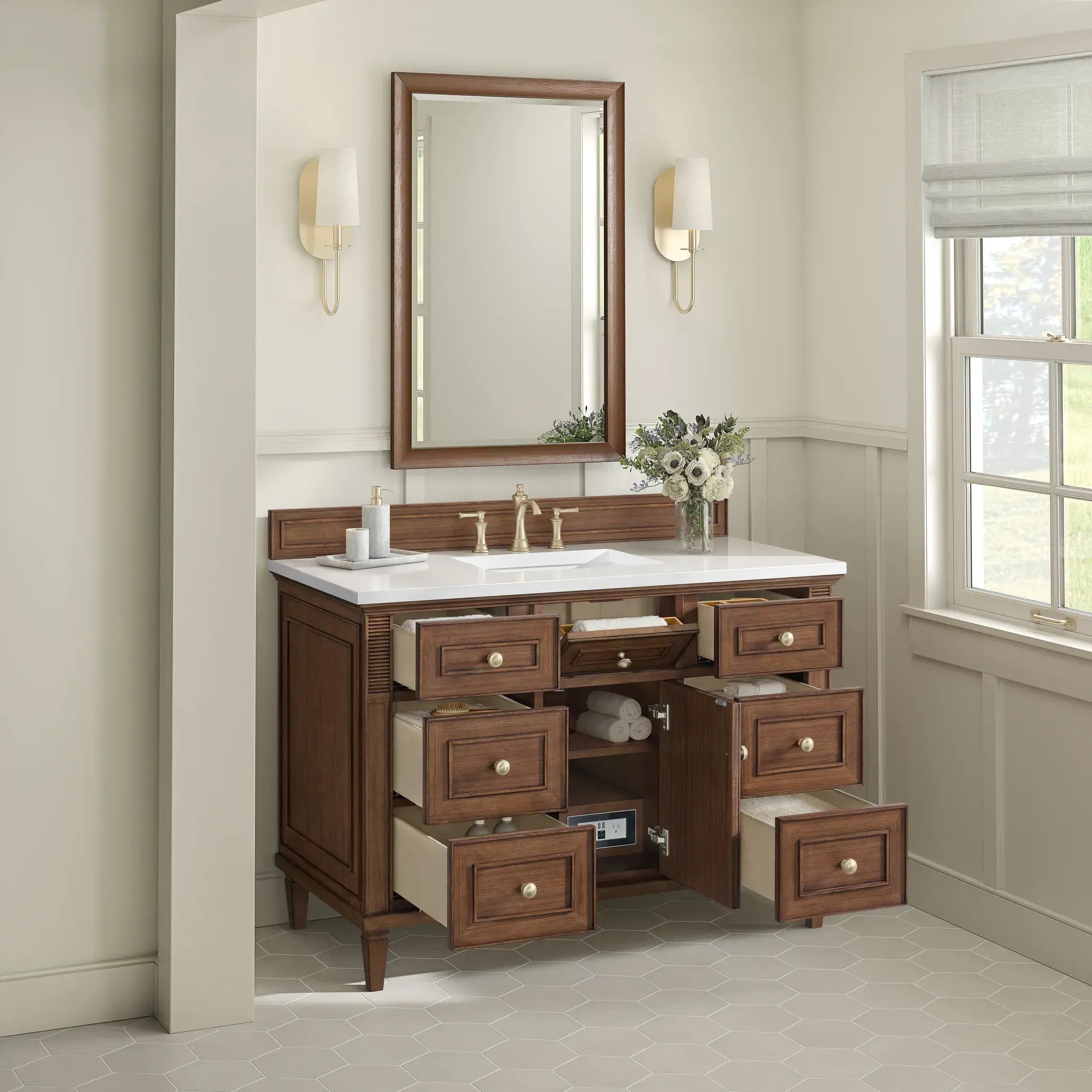 48" Lorelai Single Vanity in Mid-Century Walnut-White Zeus Silestone-8" Widespread image 5