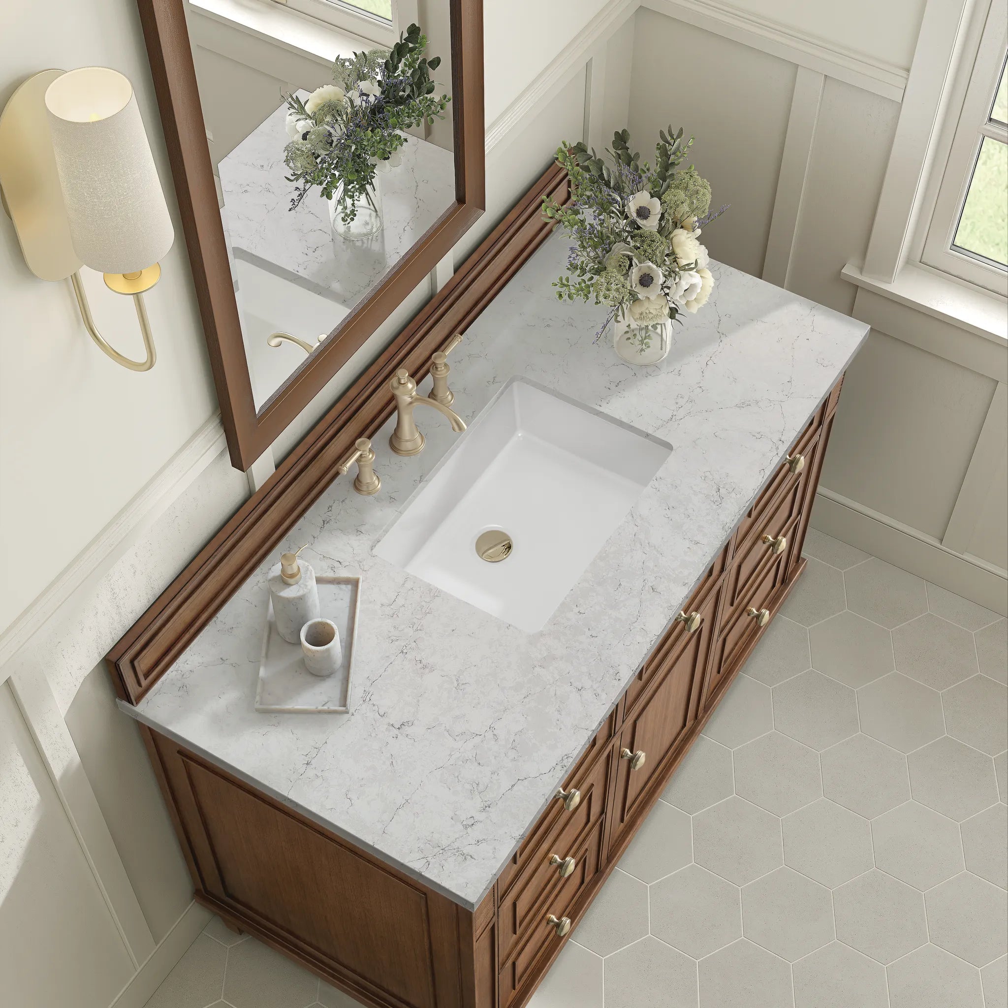 48" Lorelai Single Vanity in Mid-Century Walnut Wireless Charger-Eternal Jasmine Pearl Silestone-8" Widespread image 10