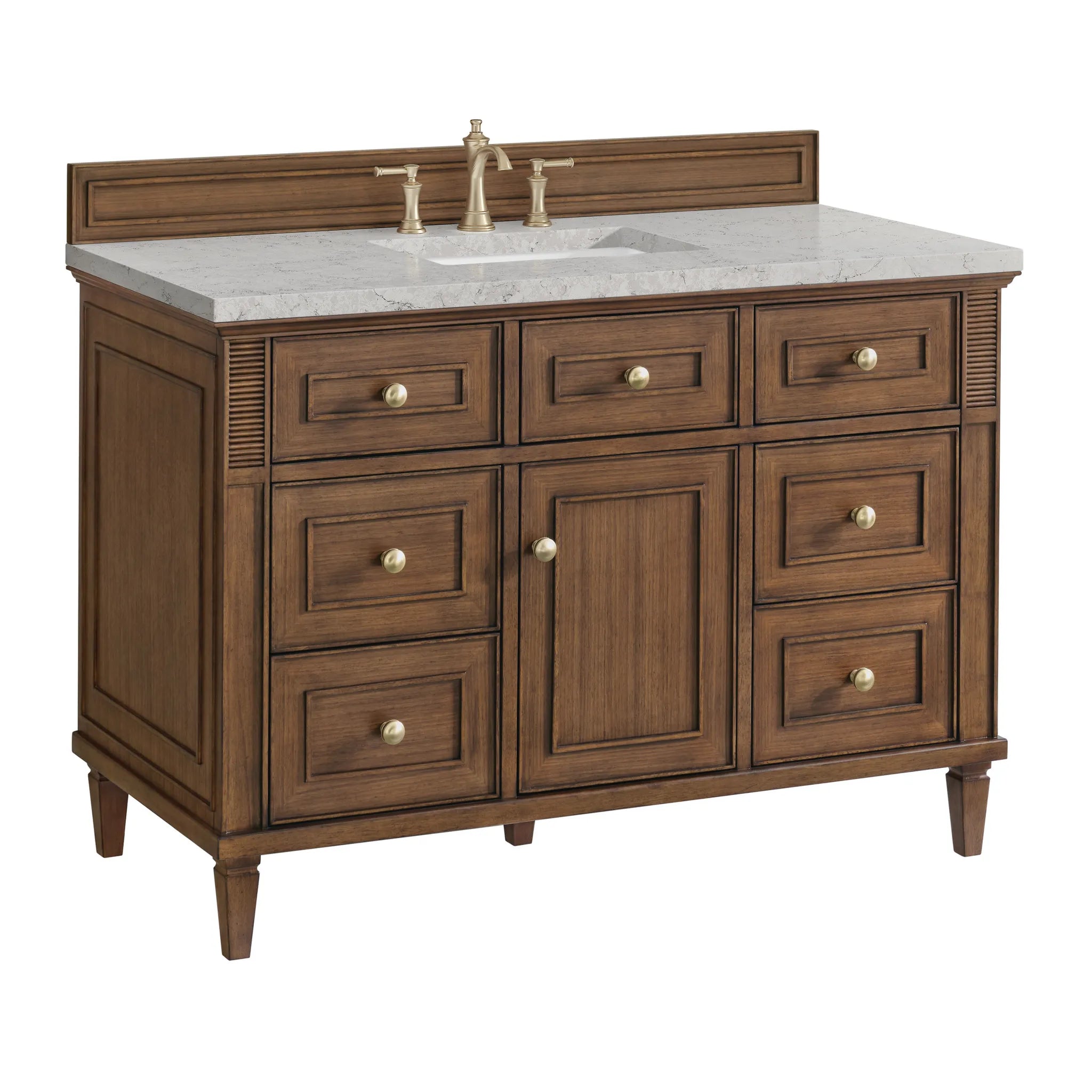 48" Lorelai Single Vanity in Mid-Century Walnut Wireless Charger-Eternal Jasmine Pearl Silestone-8" Widespread image 13