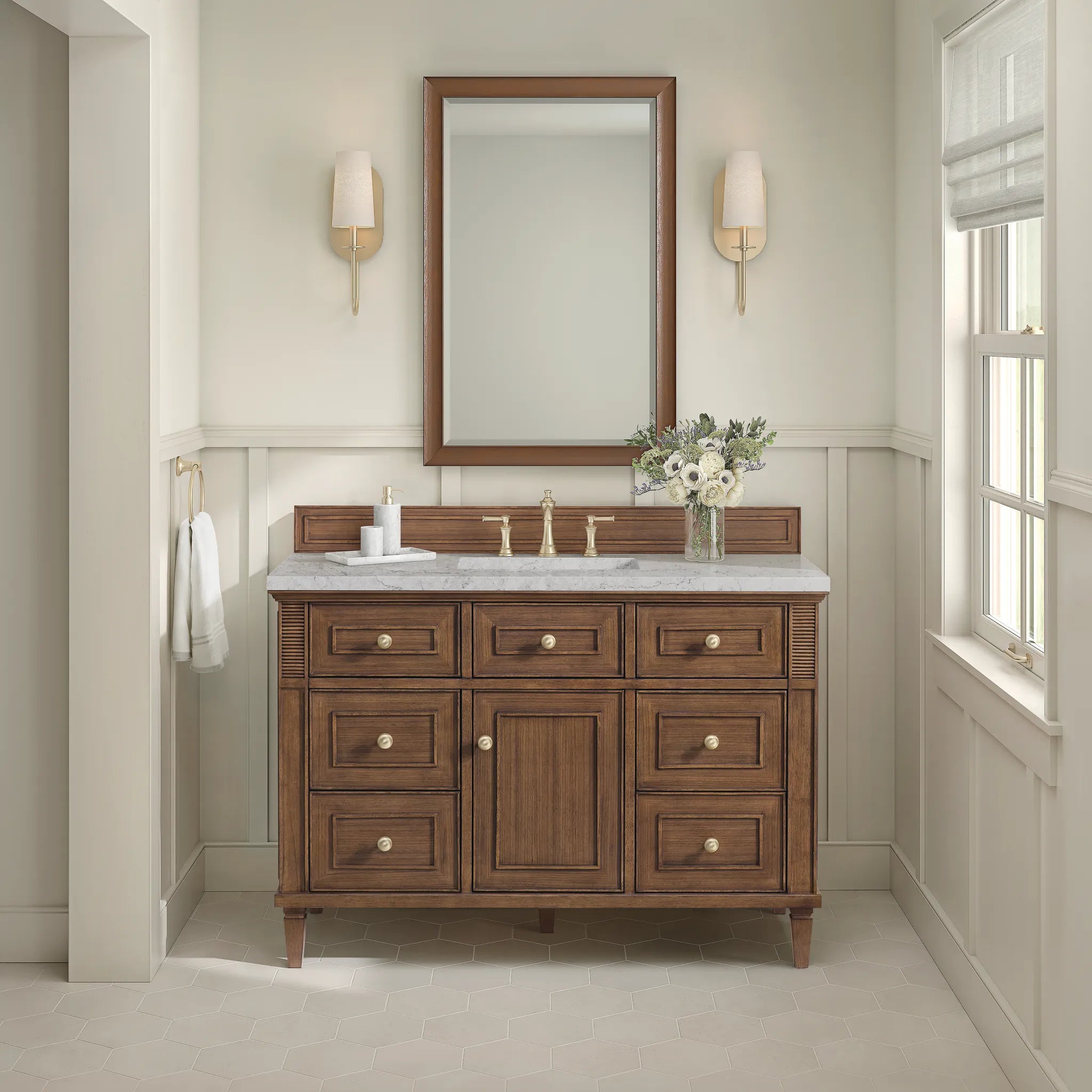 48" Lorelai Single Vanity in Mid-Century Walnut Wireless Charger-Eternal Jasmine Pearl Silestone-8" Widespread image 6