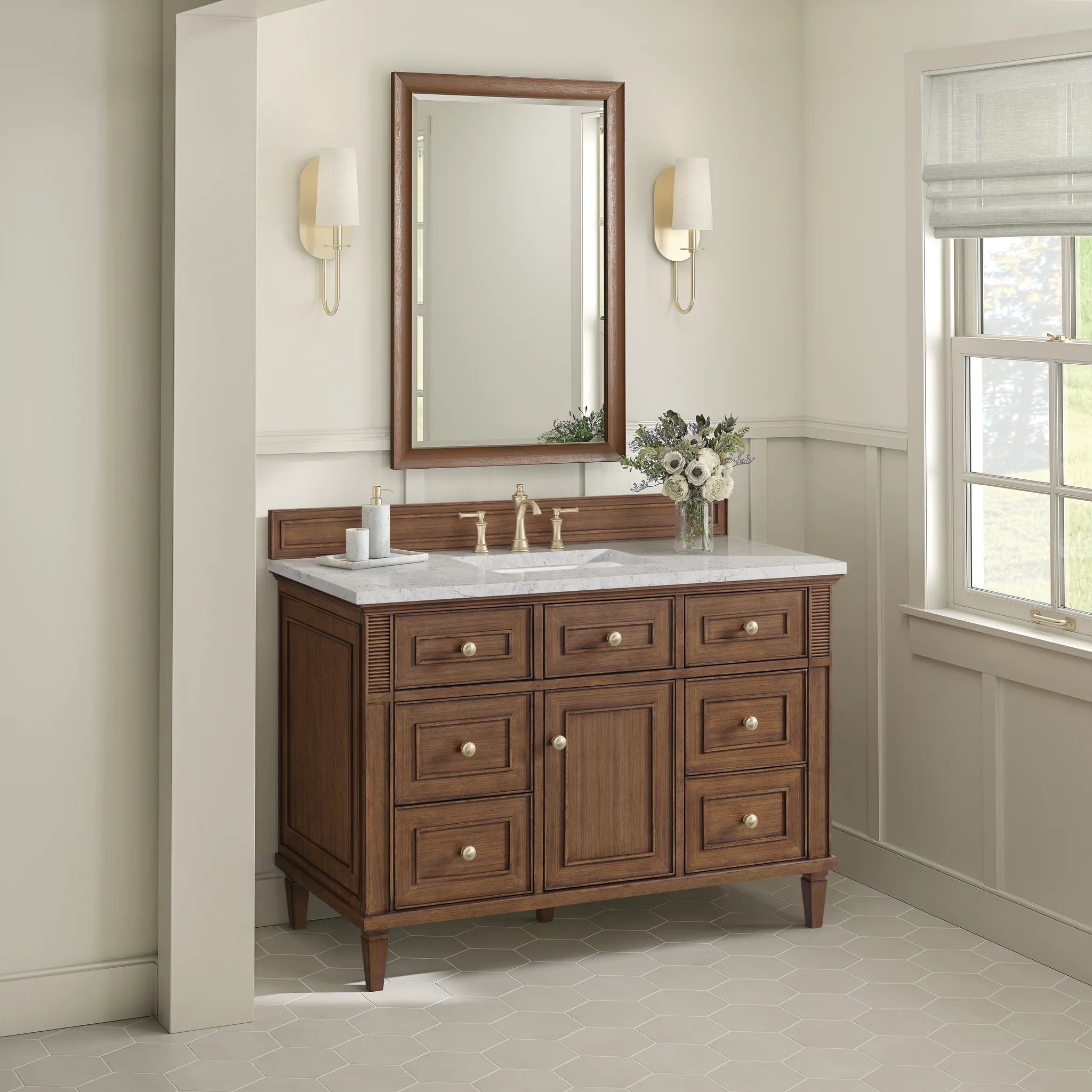 48" Lorelai Single Vanity in Mid-Century Walnut Wireless Charger-Eternal Jasmine Pearl Silestone-8" Widespread image 7