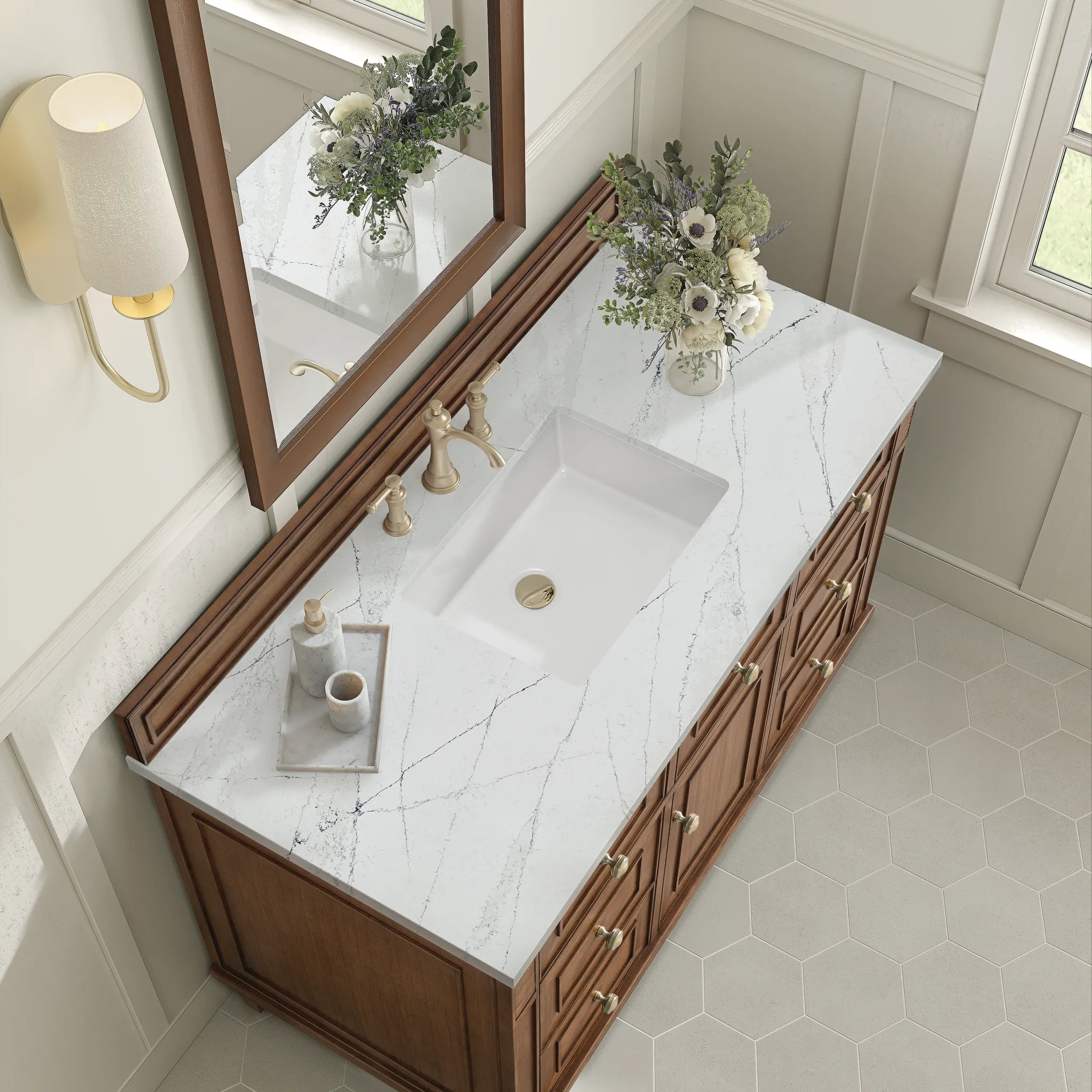 48" Lorelai Single Vanity in Mid-Century Walnut Wireless Charger-Ethereal Noctis Silestone-8" Widespread image 10