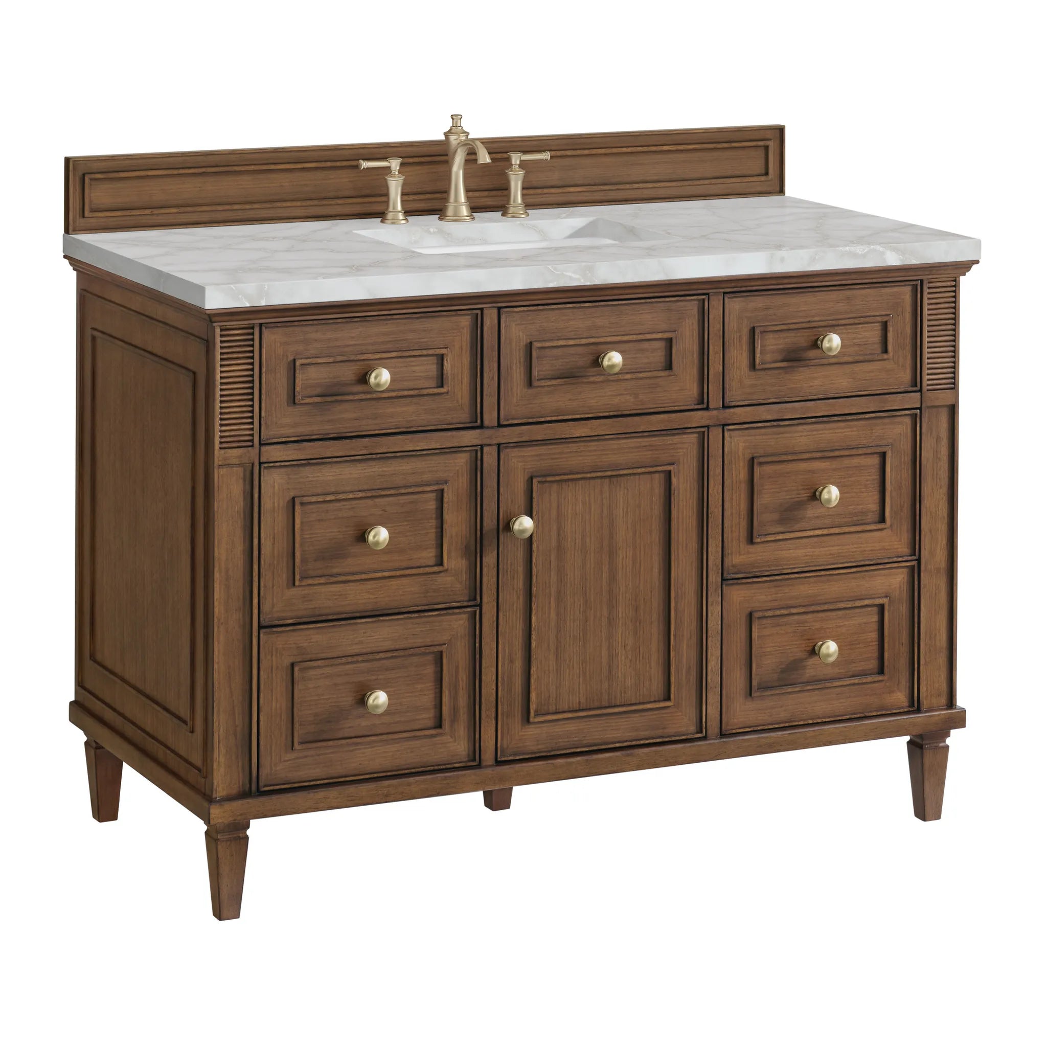 48" Lorelai Single Vanity in Mid-Century Walnut Wireless Charger-Victorian Silver Silestone-8" Widespread image 13