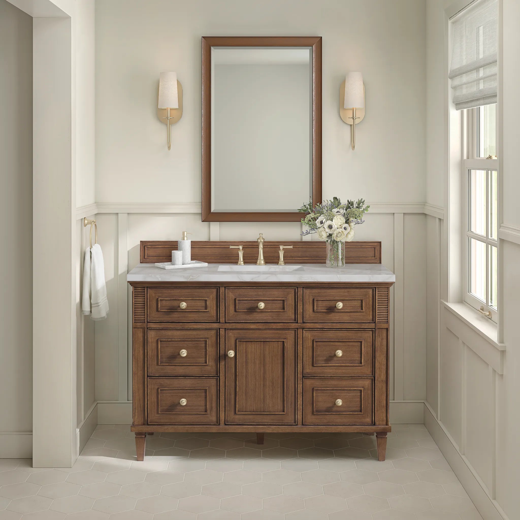 48" Lorelai Single Vanity in Mid-Century Walnut Wireless Charger-Victorian Silver Silestone-8" Widespread image 6